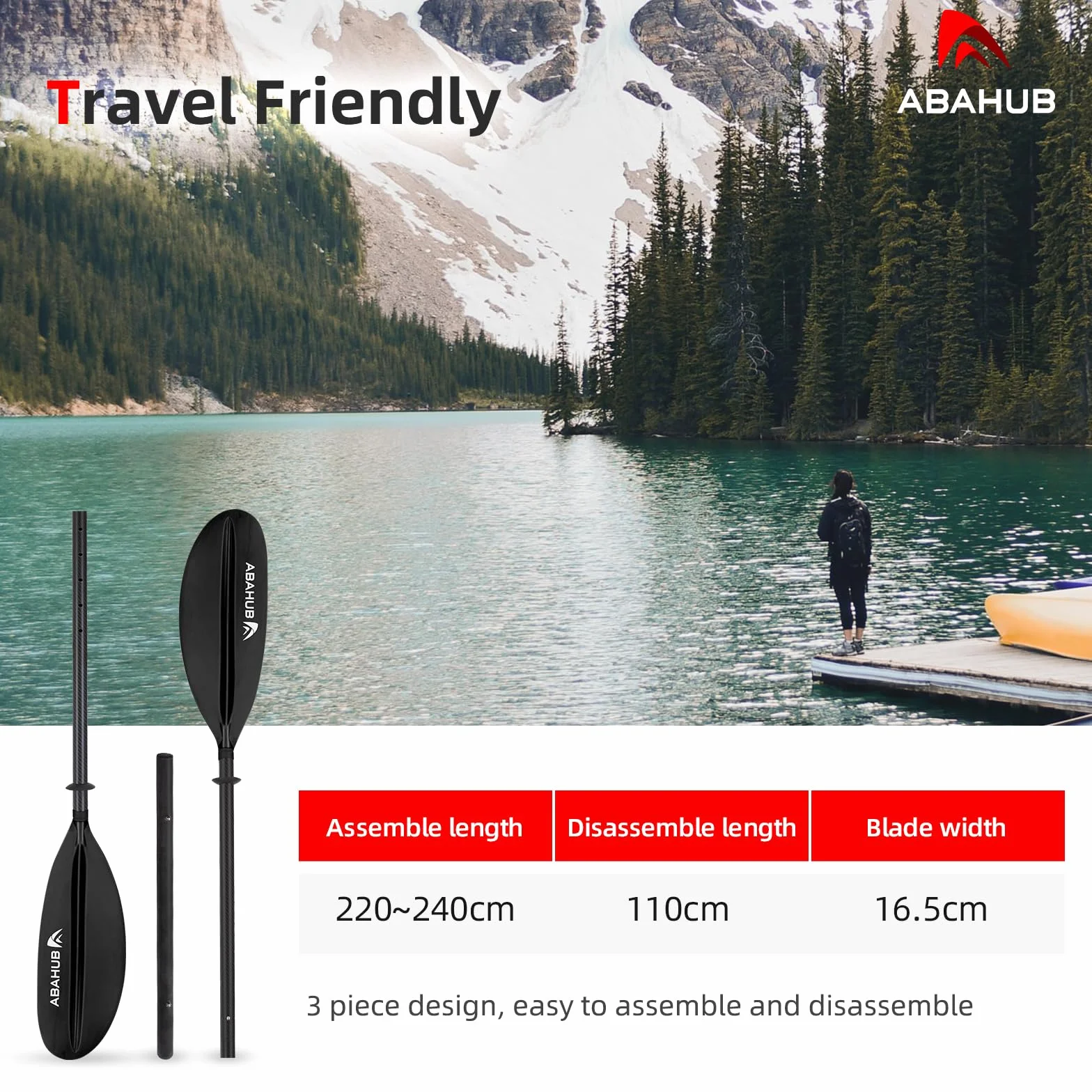 Abahub Kayak Paddle Carbon 220cm Do 240cm Regulowane PodwóJne WiosłO WiosłOwe Kajaka Kajak, PręT Ze Stopu WęGla, Plastikowe Ostrza Czarny/BiałY/Niebieski/Zielony/PomarańCzowy/żółTy