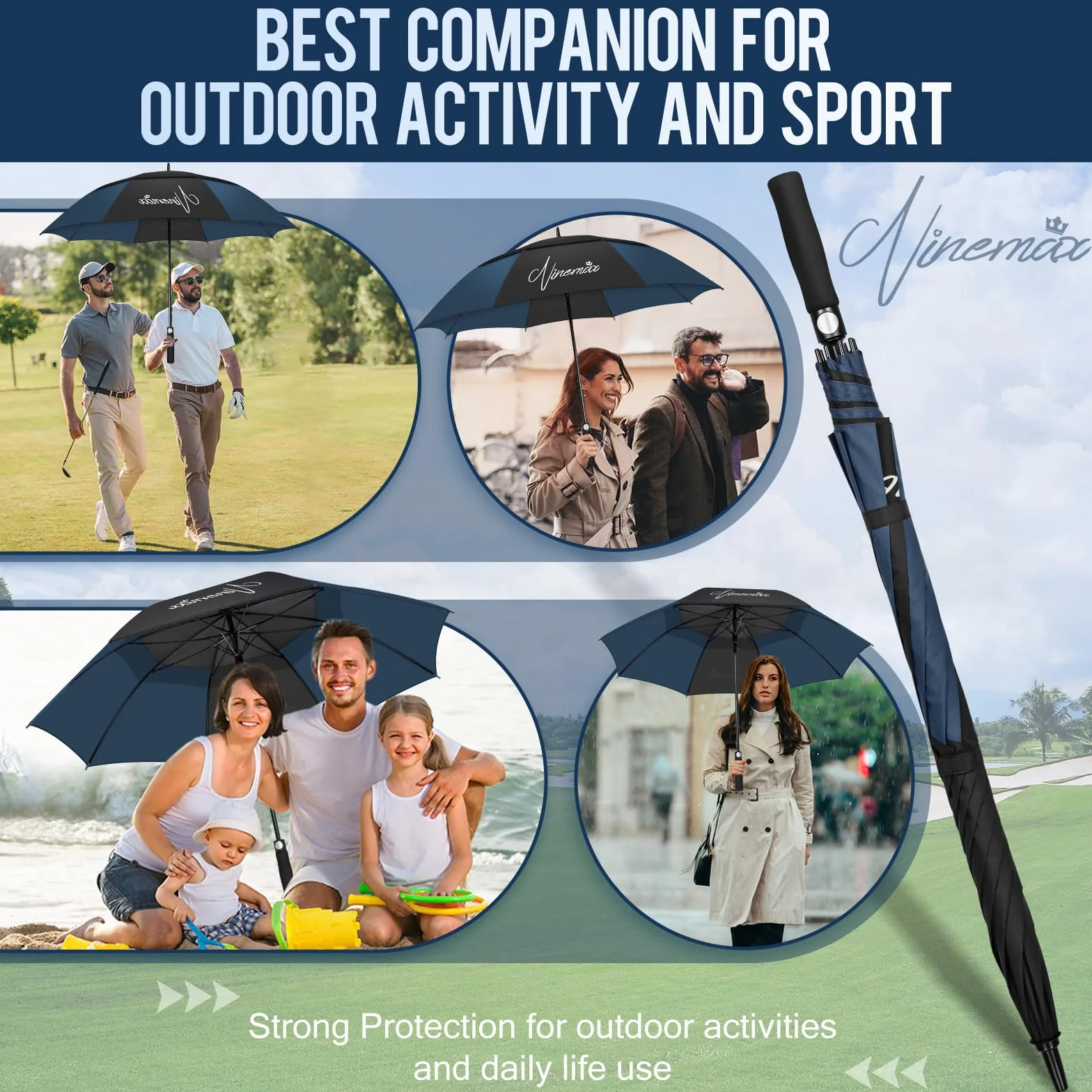 NINEMAX Parasol Golfowy 62 cali Wiatroszczelny Wodoszczelny Podwójny Baldachim Czarny Ciemnoniebieski