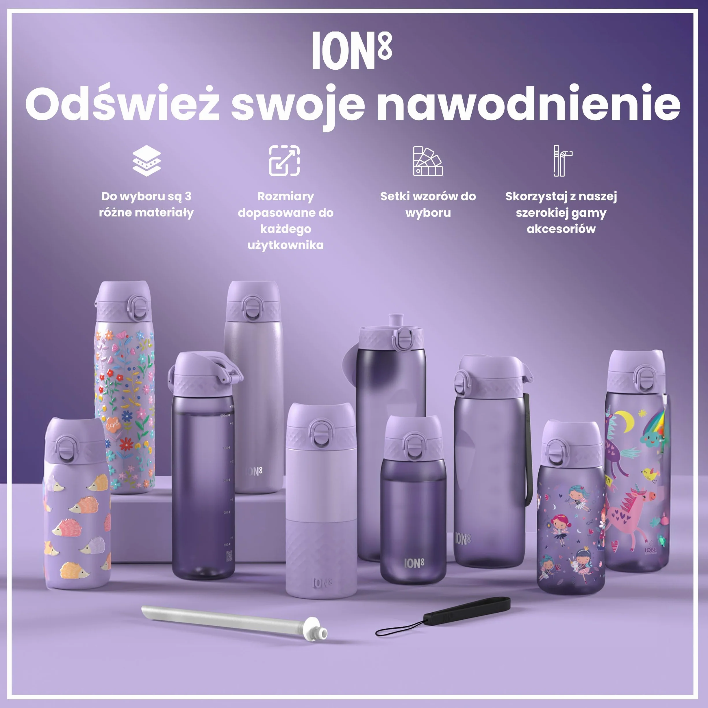 ION8 Butelka na Wodę 1 L z Oznaczeniami Czasu Picia, Łatwe Otwieranie, Uchwyt, Można Myć w Zmywarce, Niebieski Różowy