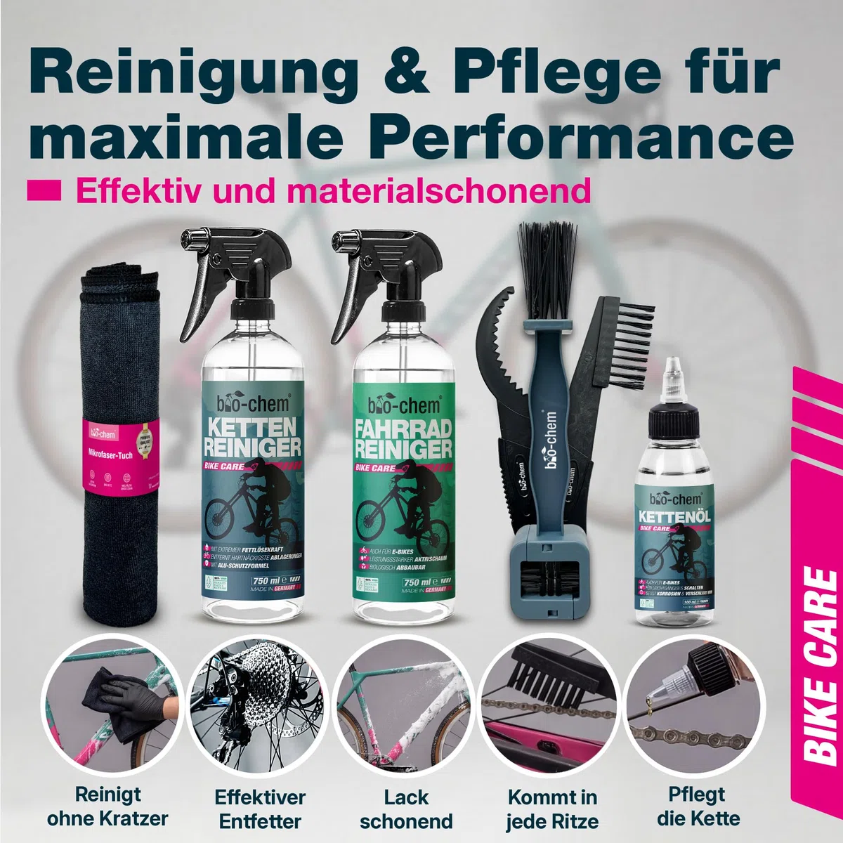 Bio-Chem - Zestaw 7 produktów do czyszczenia roweru - Środek do czyszczenia ram rowerowych - Środek do odtłuszczania łańcucha - Olej smarujący - 3 szczotek do czyszczenia + szczotka rowerowa