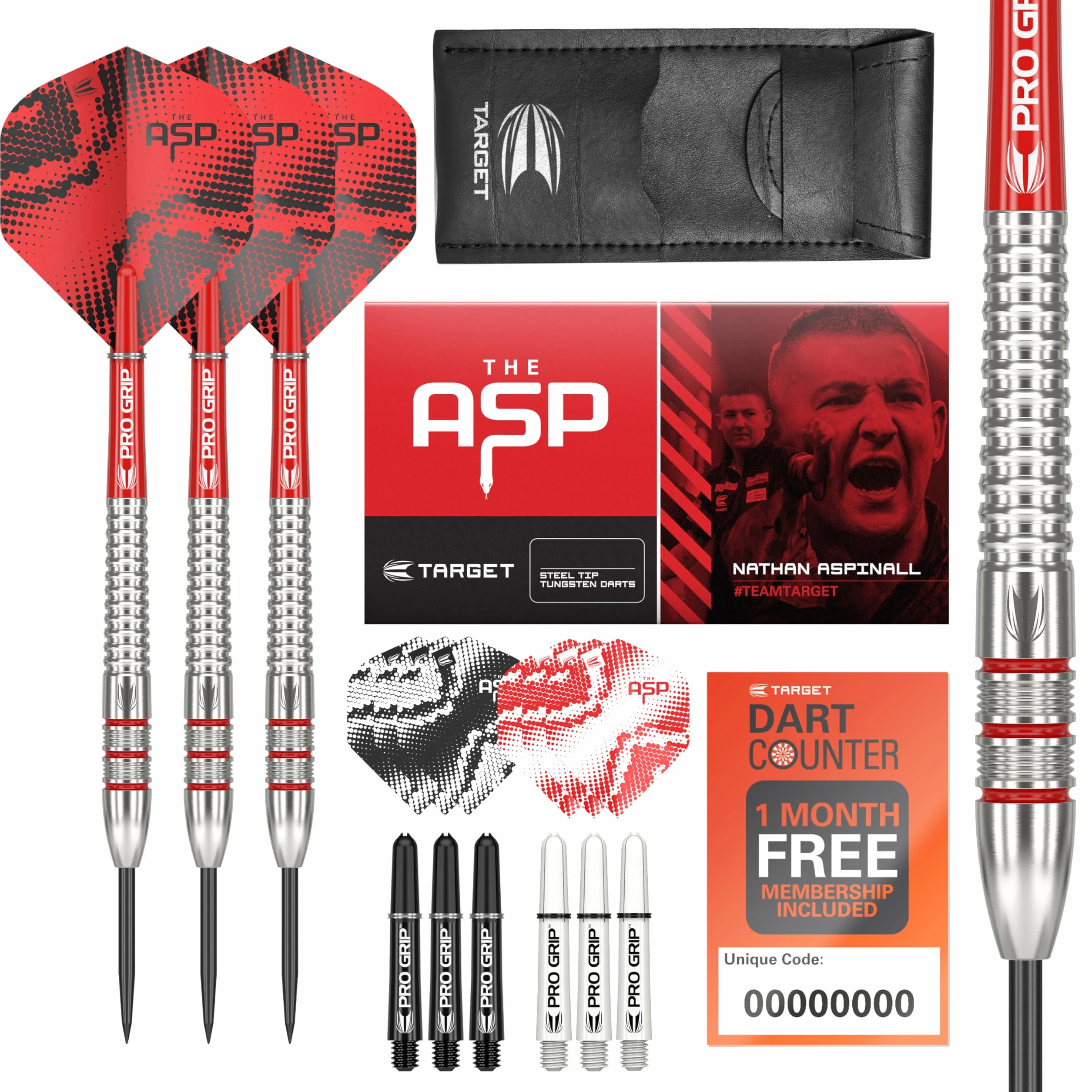 Target Darts Nathan Aspinall 22G/23G/24G zestaw rzutek ze stali wolframowej – 9 wałków Pro Grip – 9 Pro Ultra Flights – portfel do rzutek