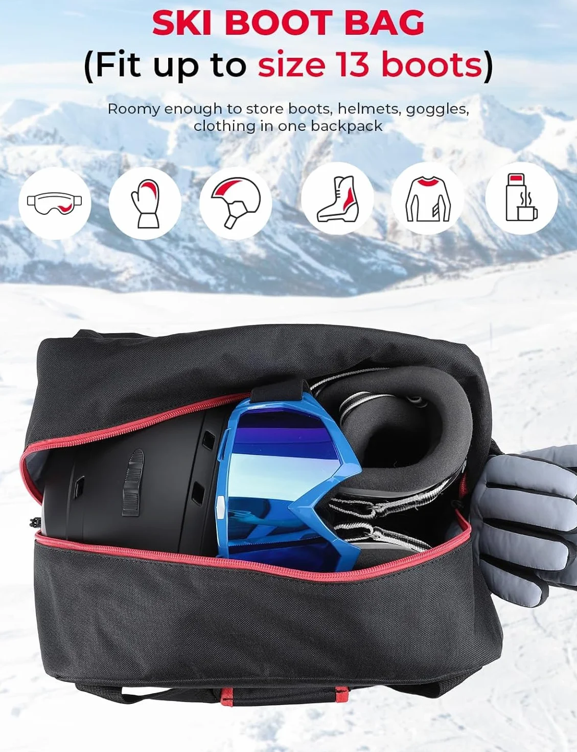 KEMIMOTO Torba na buty narciarskie Combo, torba na buty narciarskie do 200 cm, torba na buty narciarskie 25 l, wodoszczelna torba na narty z kratką wentylacyjną, wytrzymała torba na narty do jazdy na