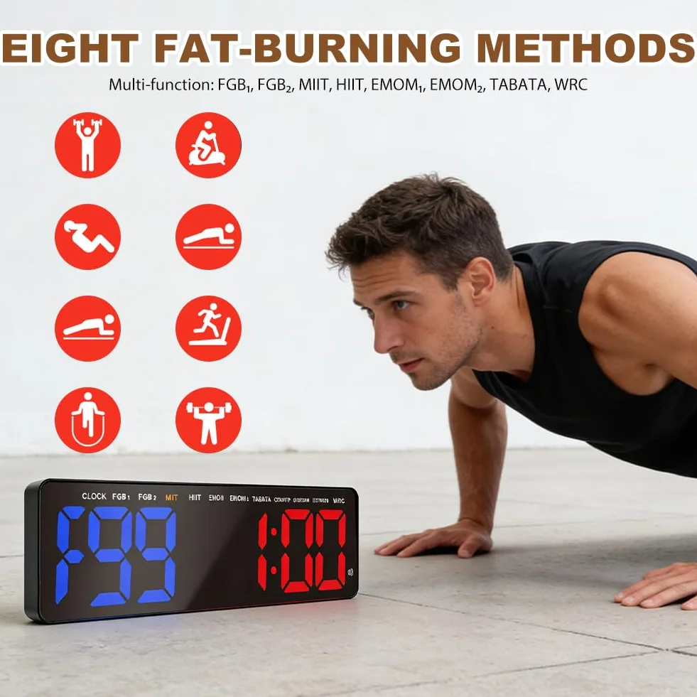 Siłownia timer, timer interwałowy z odliczaniem / up, stoper, duży, 16,5" LED, cyfrowy zegar ścienny do treningu fitness, HIIT, Tabata, domu, garażu