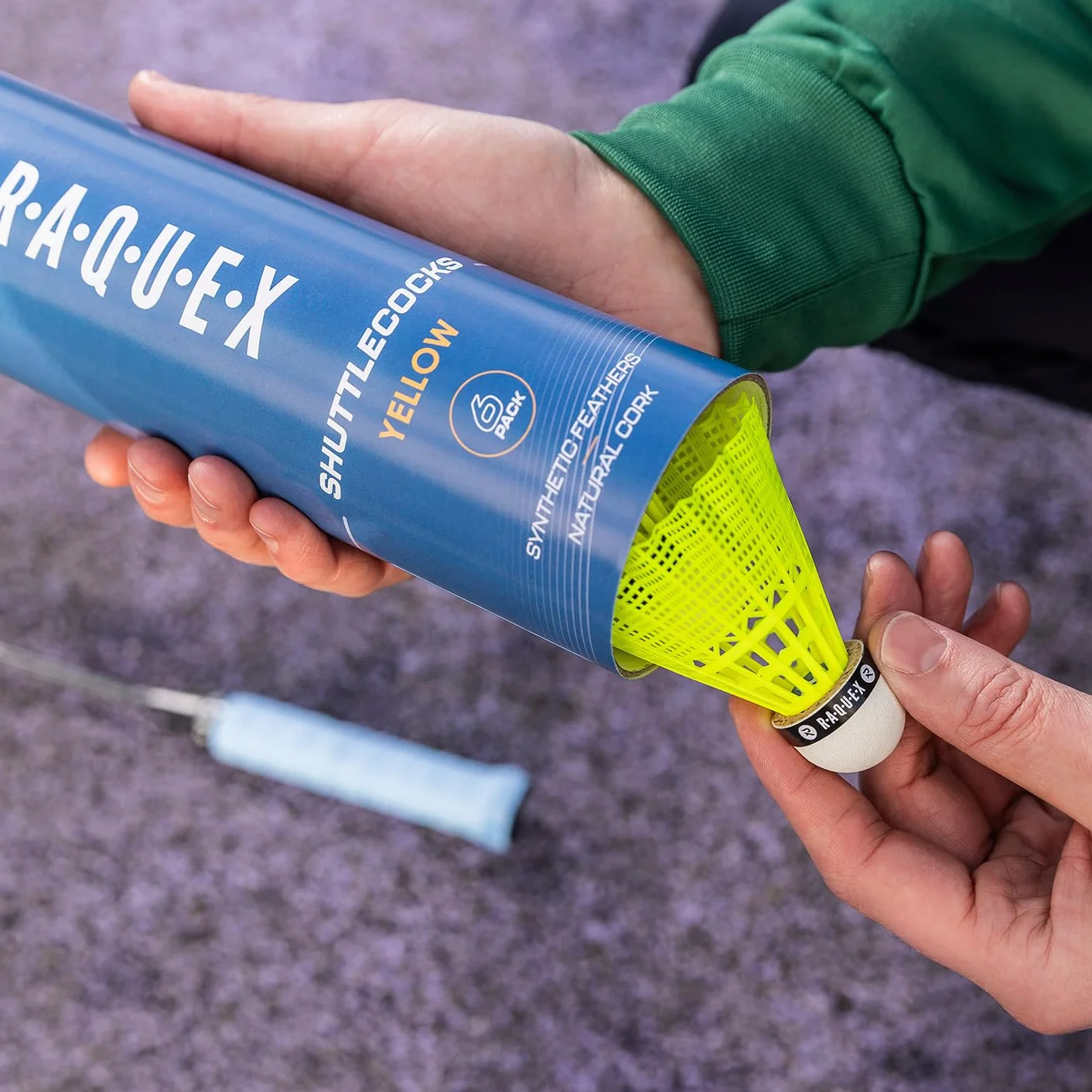 Raquex Lotki do badmintona - żółty/biały, tubka 6 - wszystkie lotki z naturalnego korka, nylonowe pióra - trzy opcje prędkości - do wewnątrz i na zewnątrz trwałe lotki do badmintona