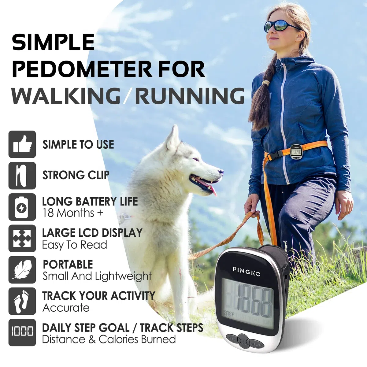 PINGKO Krokomierz do chodzenia dokładnie śledź kroki przenośny krokomierz sportowy krok/odległość/kalorie/licznik fitness tracker, licznik kalorii