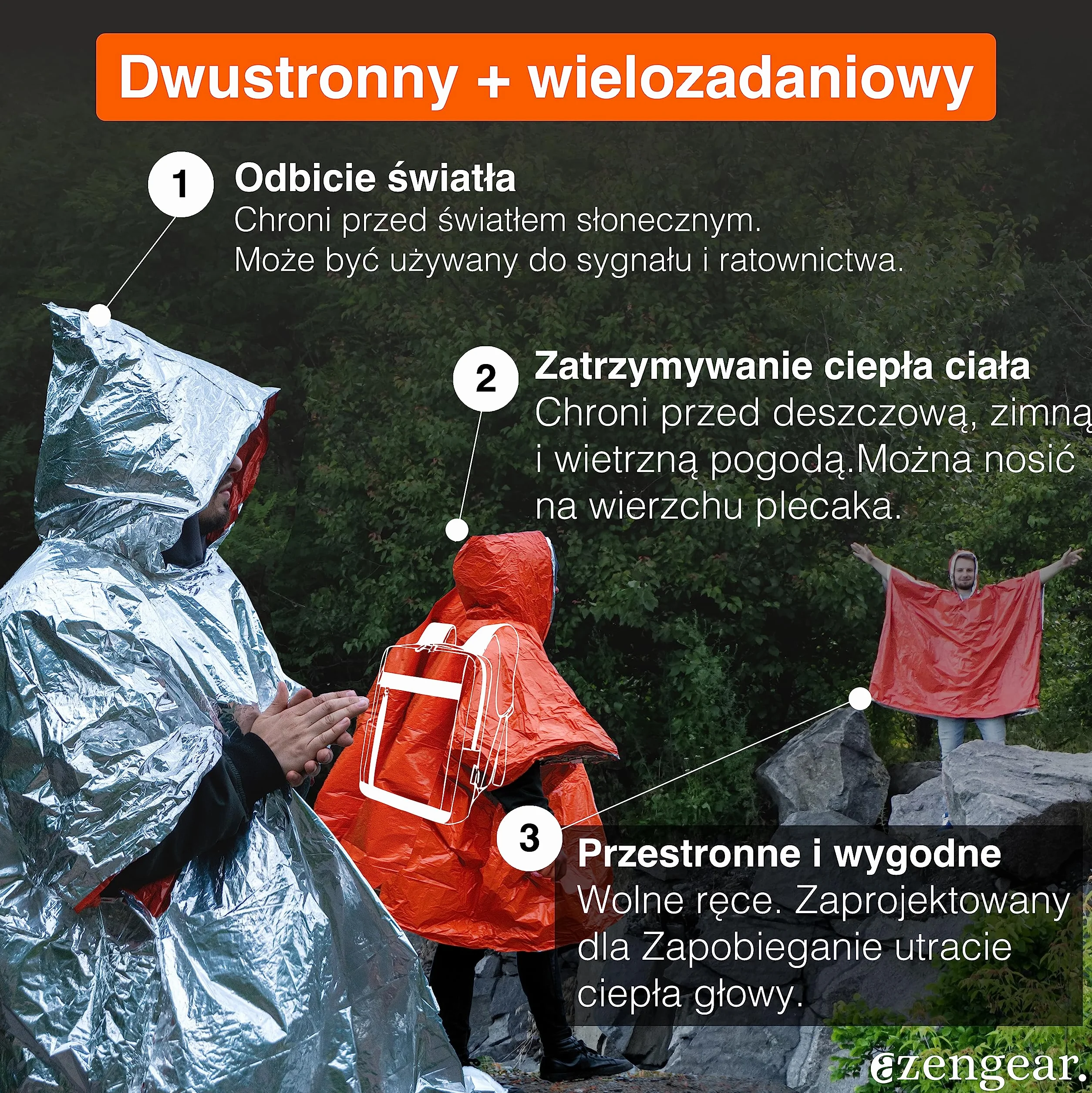 aZengear Ponczo survivalowe termiczna powłoka z folii mylarskiej wodoodporne wiatroszczelne z kapturem Pomarańczowy 4 szt.