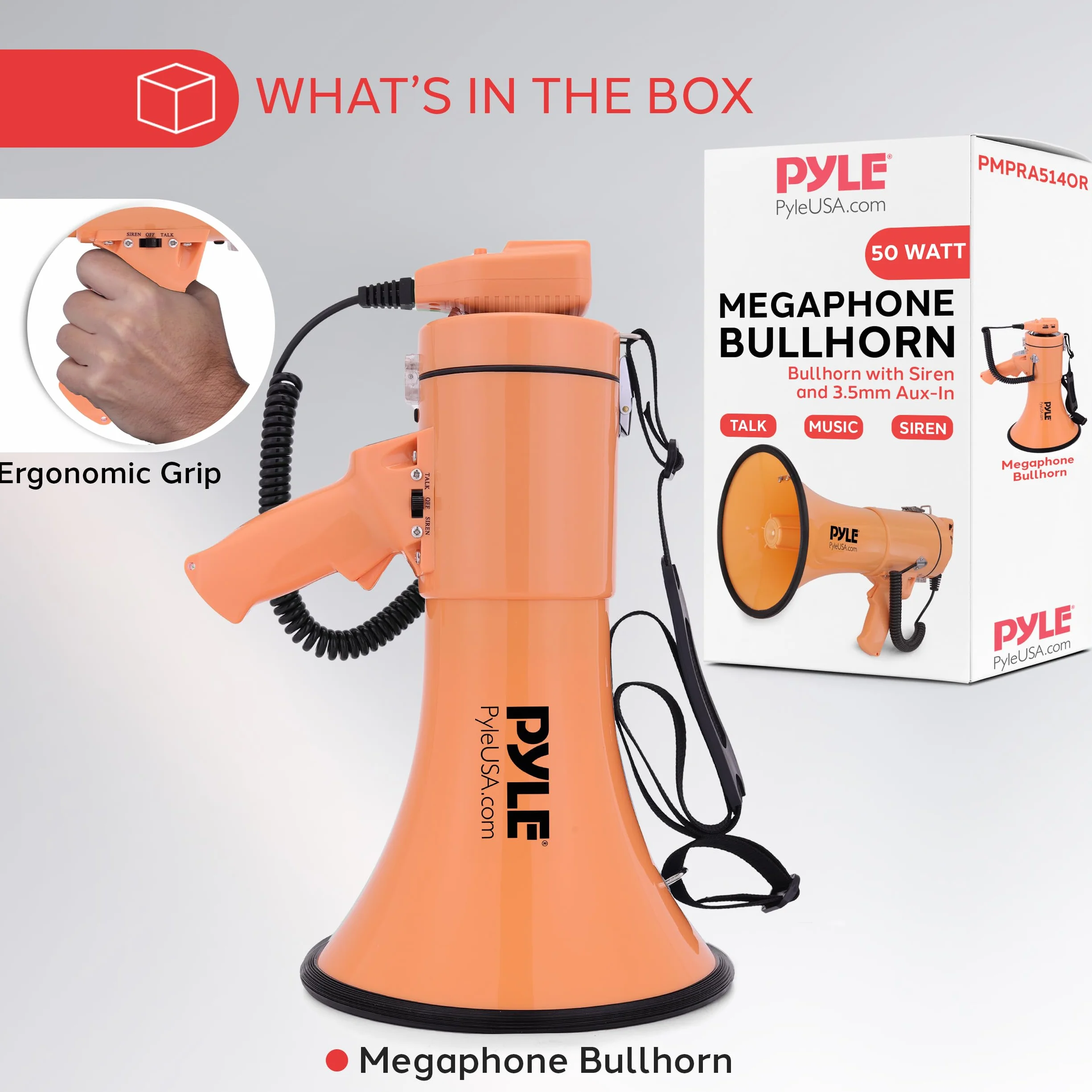 Pyle 50W Megaphone Bullhorn Portable with Siren, Adjustable Volume, 1200 Sq Yd Range, Aux Input, Orange