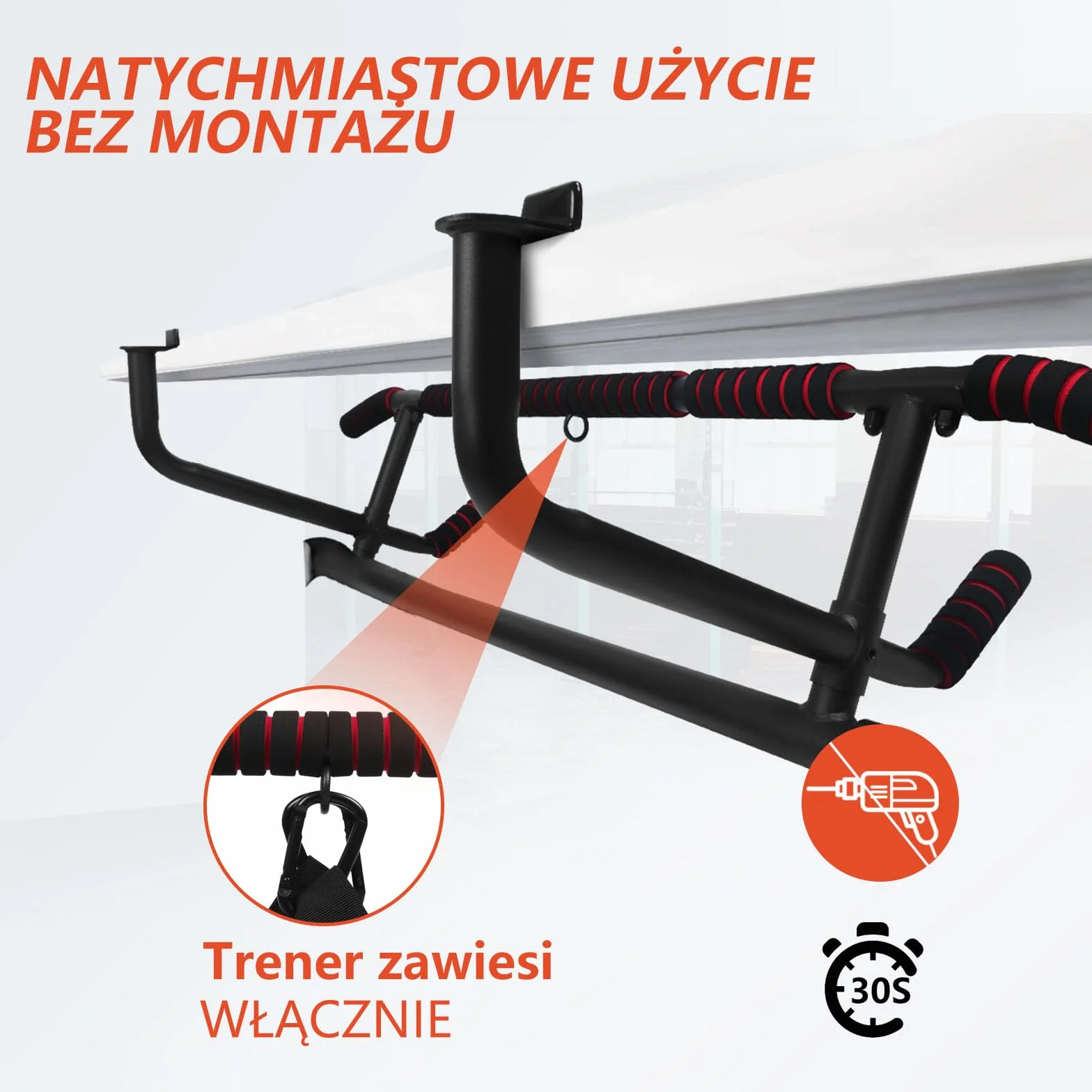 DH FitLife Drążek do podciągania na futrynie drzwi bez śrub | Pull up bar Doorway | Drążek gimnastyczny do zawieszenia | drążek na drzwi z trenażerem pętelkowym | Do futryny drzwi 70-92 cm