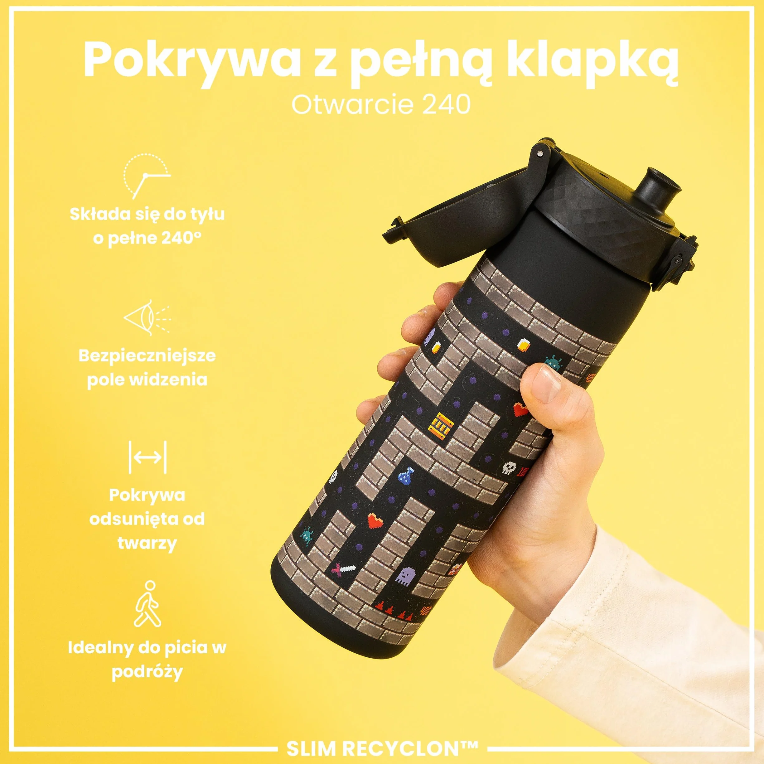 ION8 Butelka na Wodę, 500 ml/18 oz, Szczelna, Łatwe Otwieranie, Bezpieczny Zamek, Można Myć w Zmywarce, Bez BPA, Higieniczne Pokrycie, Uchwyt do Przenoszenia, Łatwa Czyszczenie, Bezwonny, Motyw Gracz