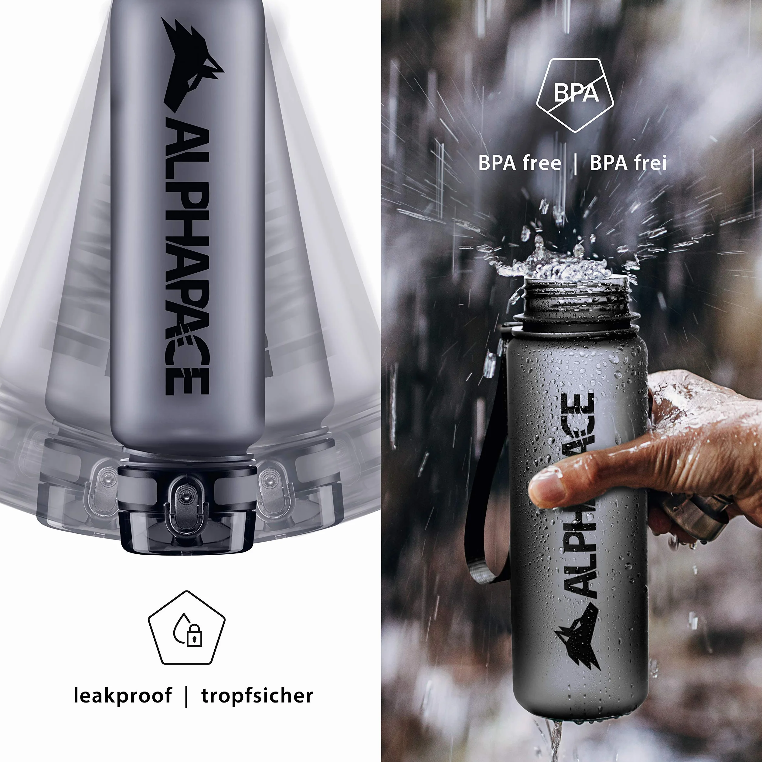 ALPHAPACE Bidon sportowy – szczelna butelka sportowa na wodę, wolna od BPA, do jazdy na rowerze i sportów na świeżym powietrzu, z wkładką na owoce