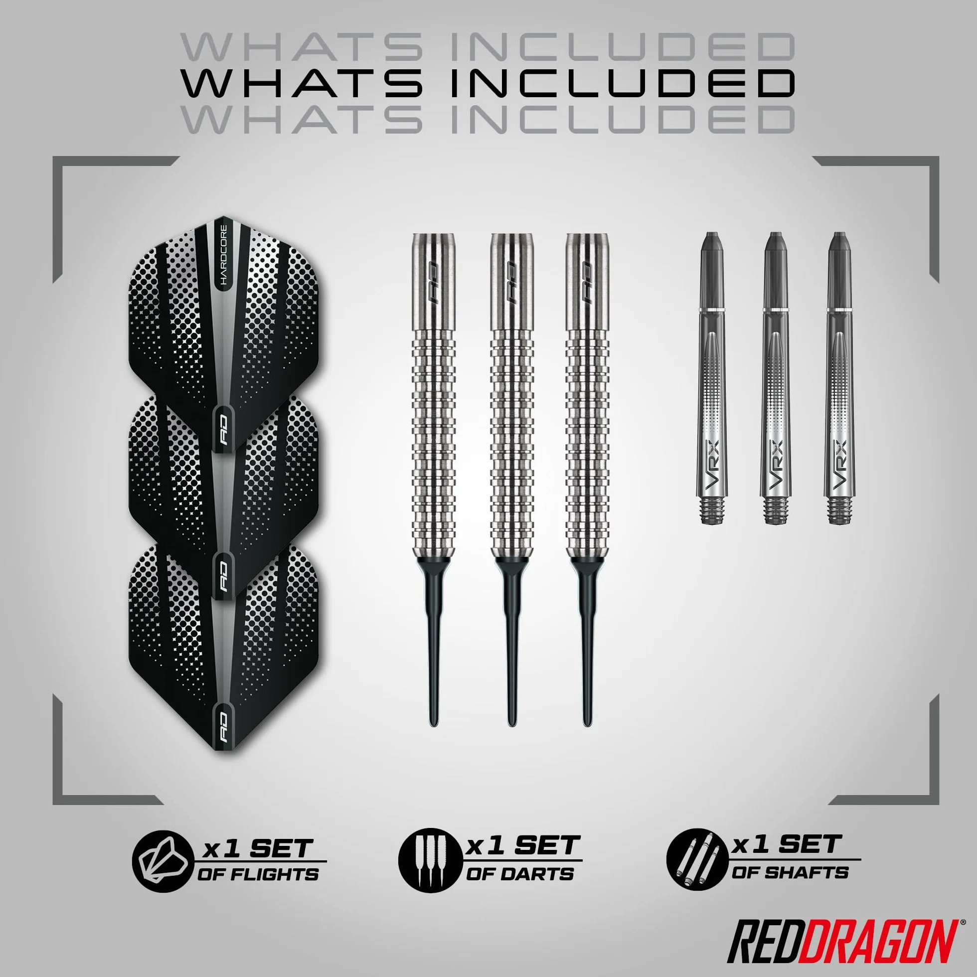 RED DRAGON Rebel 18g Baryłka / 20g Waga Całkowita, Zestaw Rzutek z Miękką końcówką - 85% Wolfram z lotkami i trzonkami