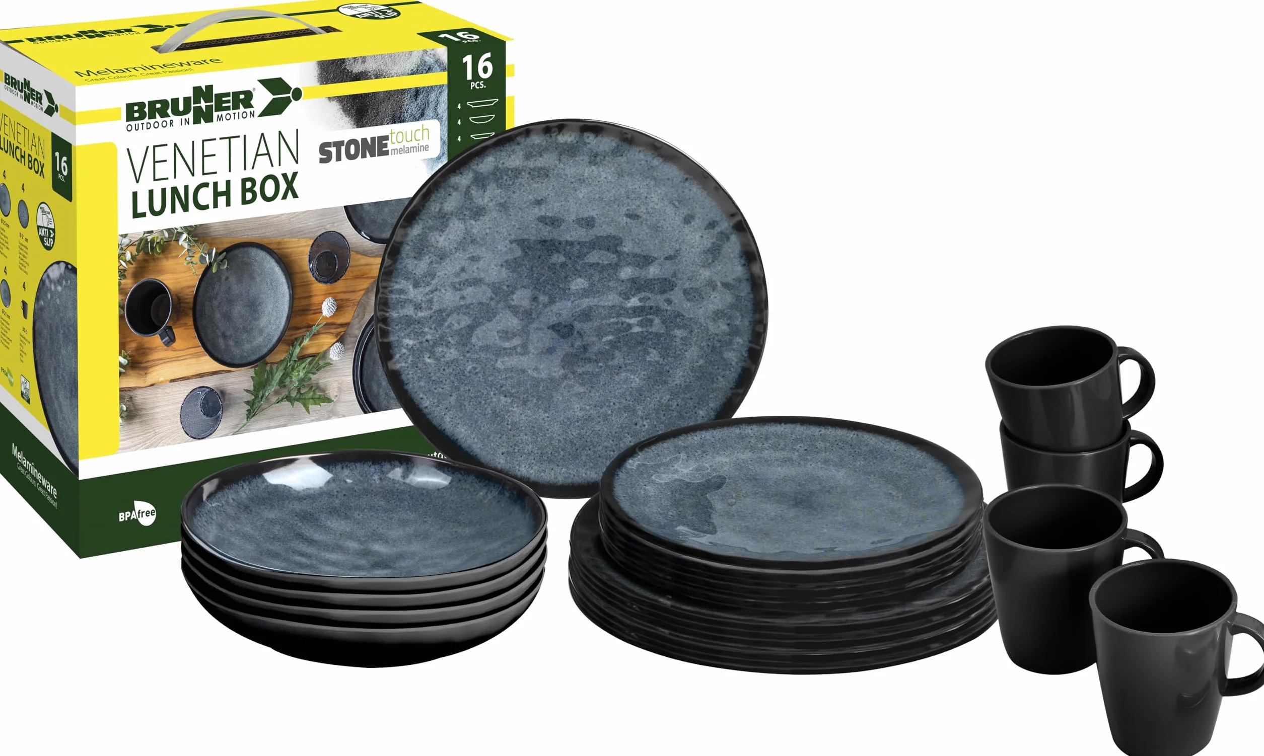 BRUNNER Camping zastawa stołowa (zestaw 16 sztuk) dla 4 osób - Lunch Box Venetian - w melaminy Stone Touch wysokiej jakości, Antypoślizgowe i trwałe