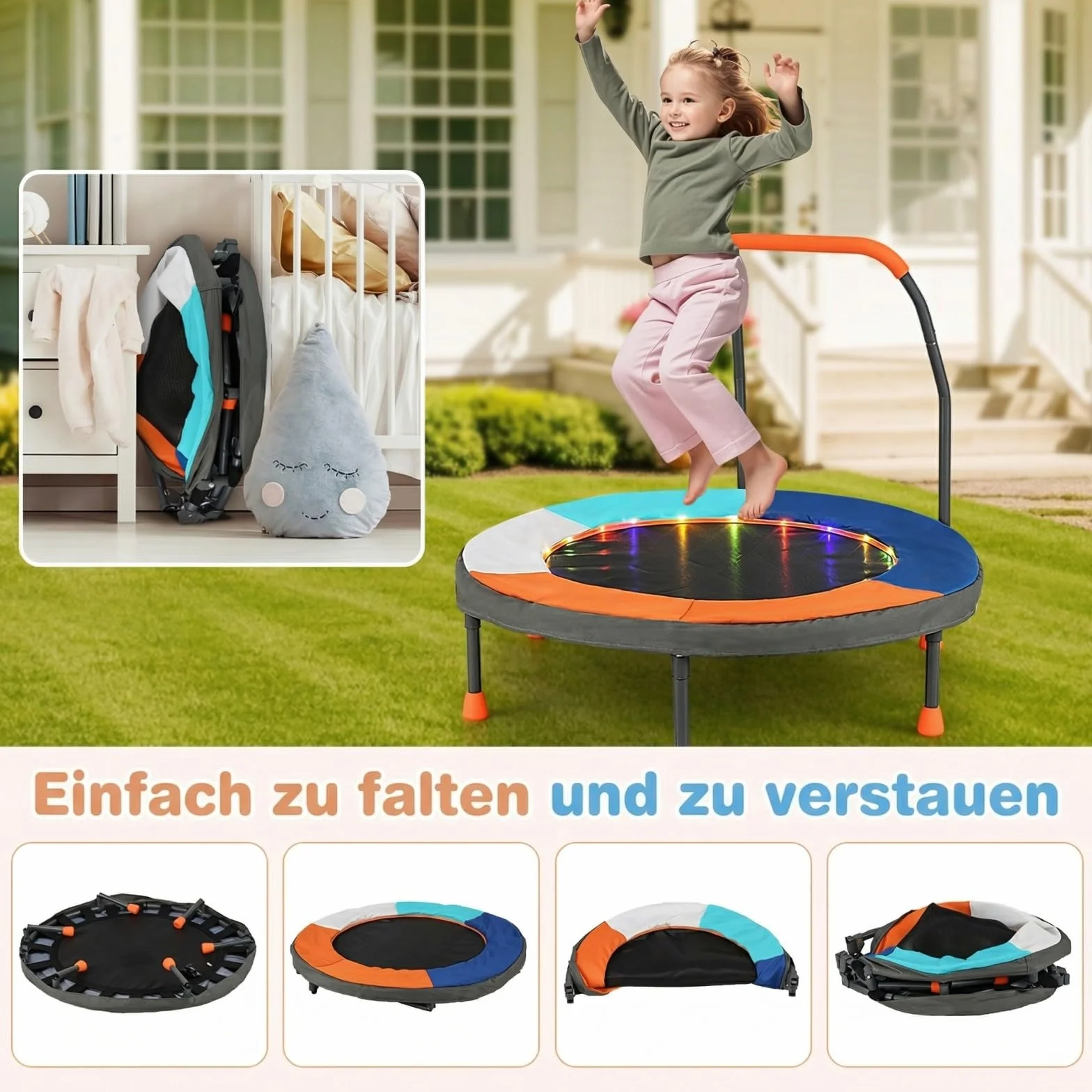 COSTWAY Trampolina dla dzieci o średnicy 90 cm, składana, z oświetleniem LED, z uchwytem i torbą do przenoszenia, mała trampolina ogrodowa, dla dzieci od 3 lat (ciemnoniebieska)