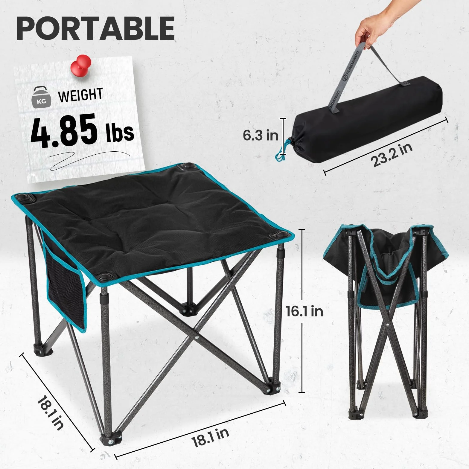 FUNDANGO Oversized składany taboret kempingowy, 46 cm, 180 kg, podnóżek z torbą do przenoszenia, składany taboret na kemping, wędrówki, wędkowanie, czarny
