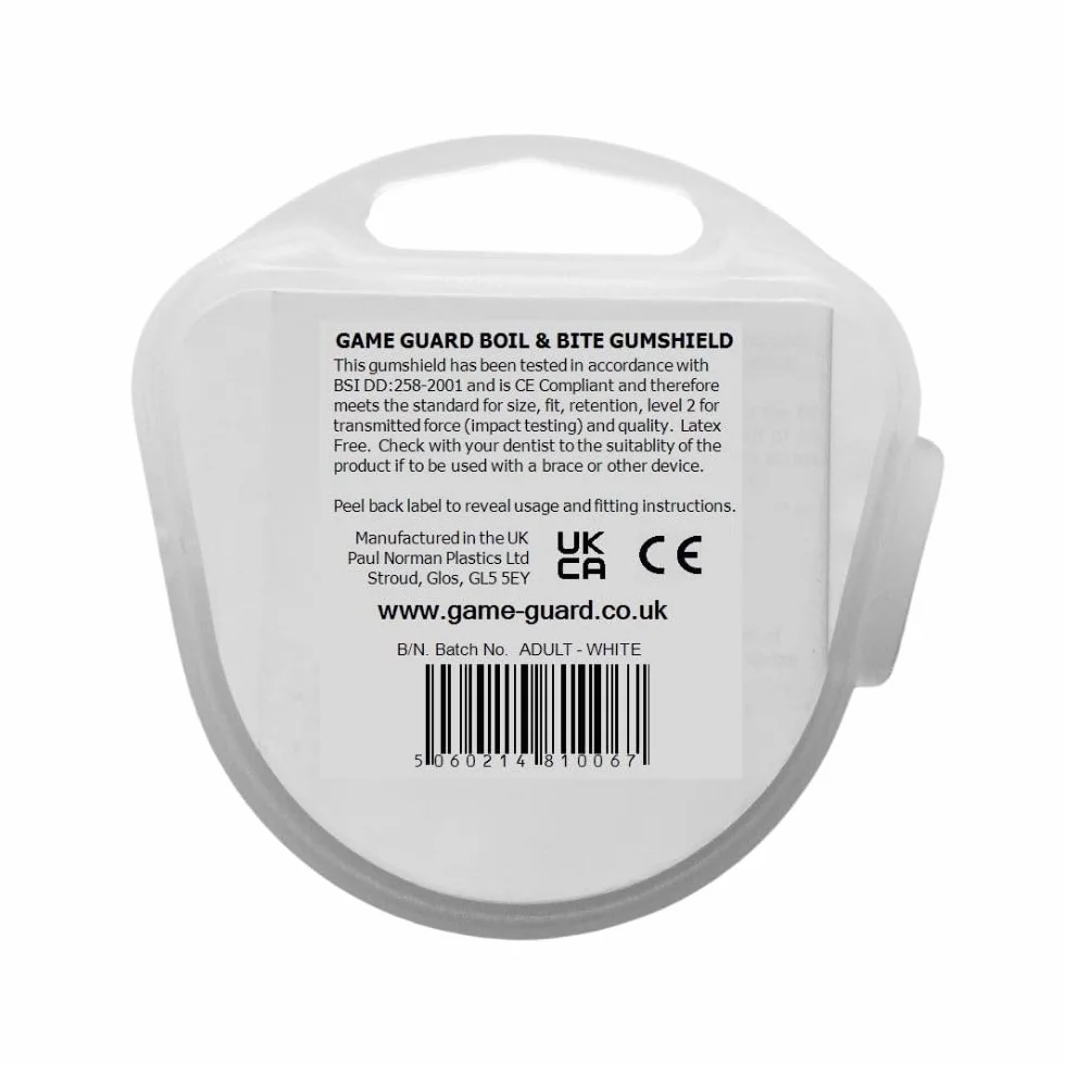 GAME GUARD 1 x Ochraniacz na zęby - Formowalne ochraniacze na zęby/ochraniacze na dziąsła - Zatwierdzone przez CE, Sporty szkolne, Rugby, Hokej, Boks, GAA, Sztuki walki (SENIOR - BIAŁY)