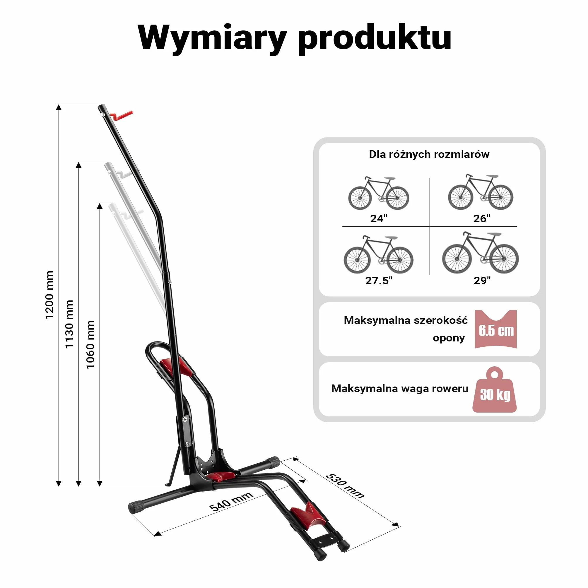 Wiltec Stojak na rower 53 x 11 x 120 cm, wolnostojący wieszak na rower do domu do opon o rozmiarze 24”-29”, uchwyt rowerowy ze stali i tworzywa sztucznego