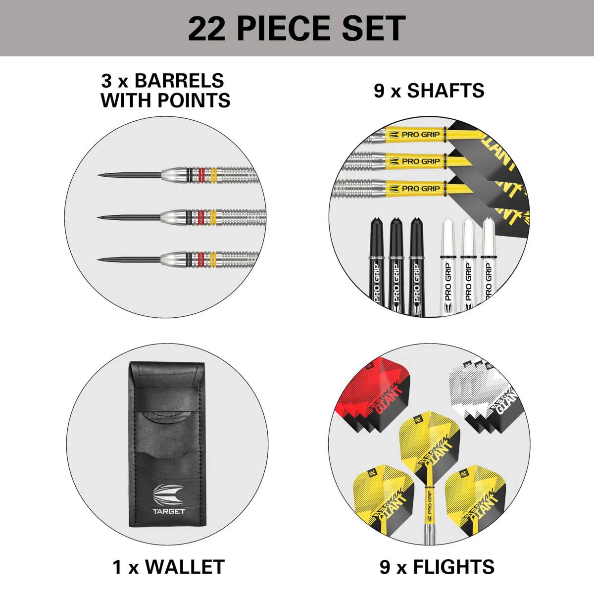 Target Darts Gabriel Clemens zestaw rzutek 22G/23G/24G ze stali wolframowej – 9 wałków Pro Grip – 9 Pro Ultra Flights – portfel do rzutek