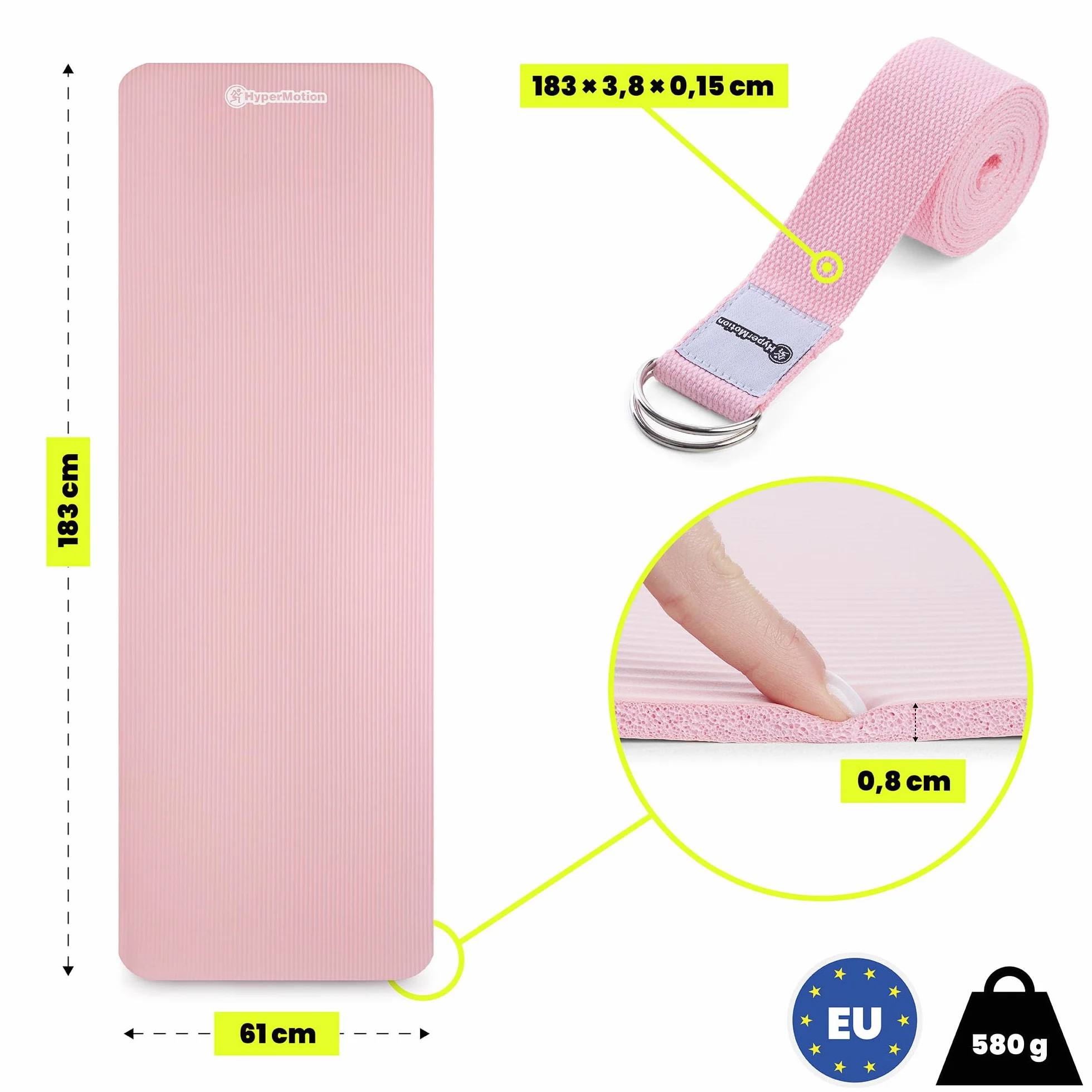 HyperMotion Mata do Ćwiczeń Fitness i Jogi NBR 183x61x0,8 cm Różowa, Antypoślizgowa, 8 mm, z Paskiem do Ćwiczeń i Przenoszenia, do Jogi, Pilatesu i Stretchingu