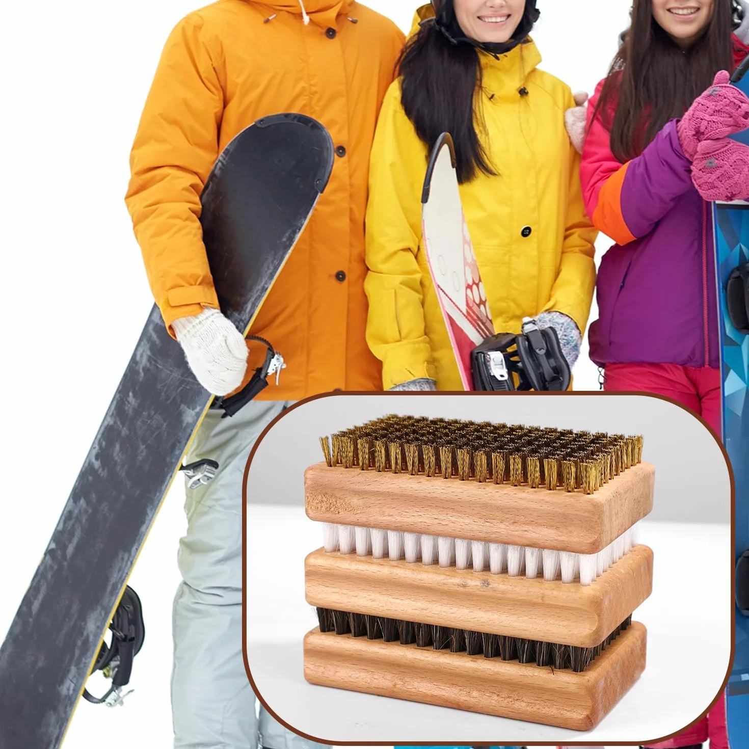 Zestaw 3 Szczotek do Wosku do Snowboardu, 12x7x3,5cm Zestaw Szczotek do Wosku Narciarskiego w Tym Szczotka Nylonowa/Mosiezna/z Wlosia Konskiego Akcesoria do Czyszczenia do Snowboardu