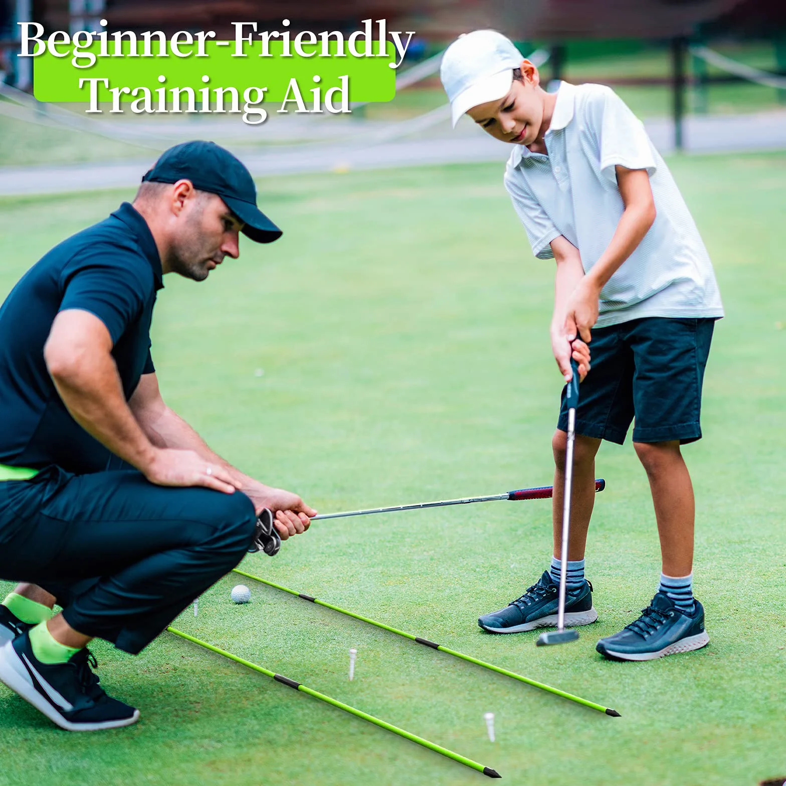 MoKo Kij golfowy do wyrównywania, 3 zestawy, składany, pomoc do celowania, puttingu, korektor postawy, kije do ćwiczeń golfowych w przezroczystym etui, zielony