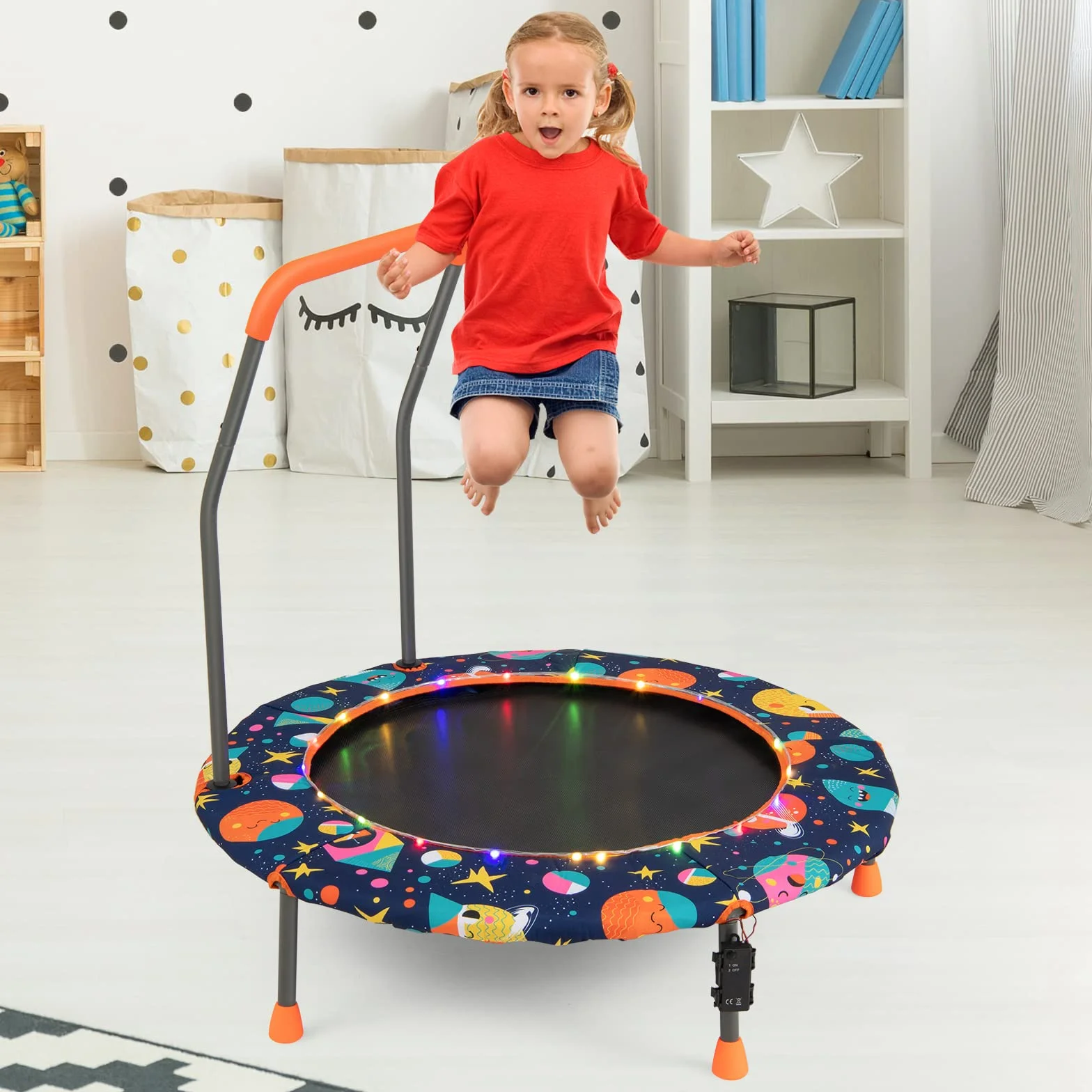 KOMFOTTEU Trampolina dziecięca, Ø 92 cm, mini trampolina ze światłami LED, trampolina ogrodowa z uchwytem i matą bezpieczeństwa, trampolina dla dzieci w wieku 3-6 lat