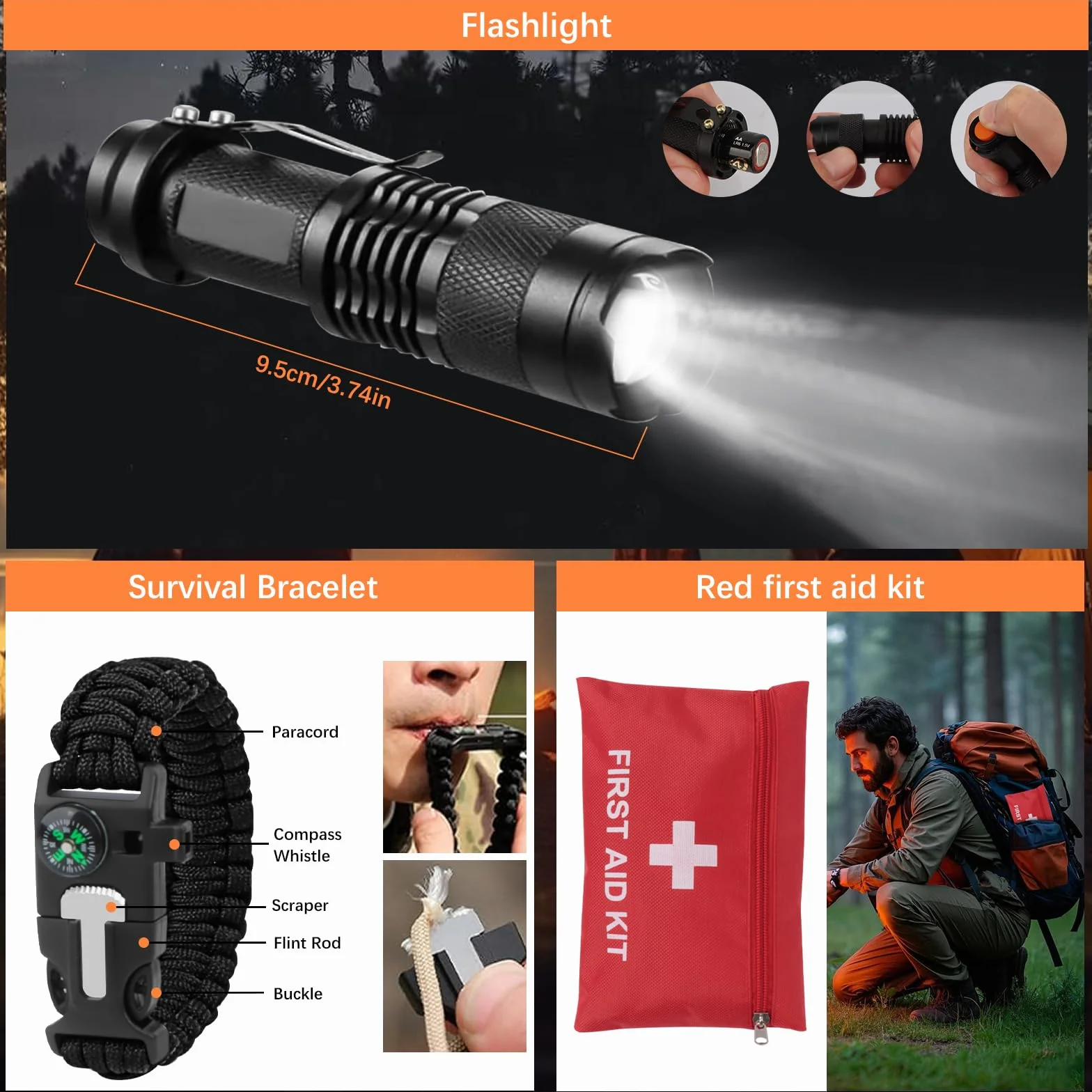 Zestaw survivalowy do użytku na zewnątrz, wyposażenie survivalowe dla mężczyzn, na kemping/przygody/wędrówki na świeżym powietrzu