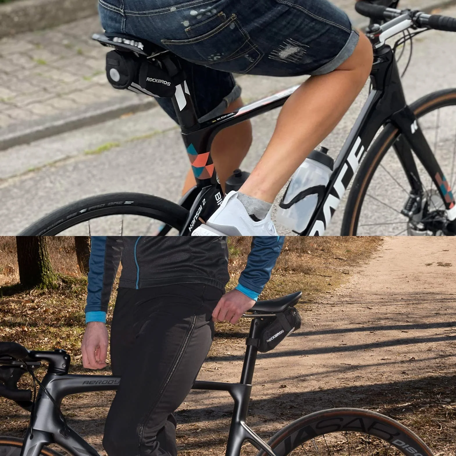 ROCKBROS Torba na Siodełko Rowerowe Torebki Podsiodłowe do Rowerów Szosowego, Lekka Odblaskowa Wytrzymały Worek do Przechowywania Rower Składany 15 x 6,5 x 5 cm, z Paskiem Mocującym/z Uchwytem