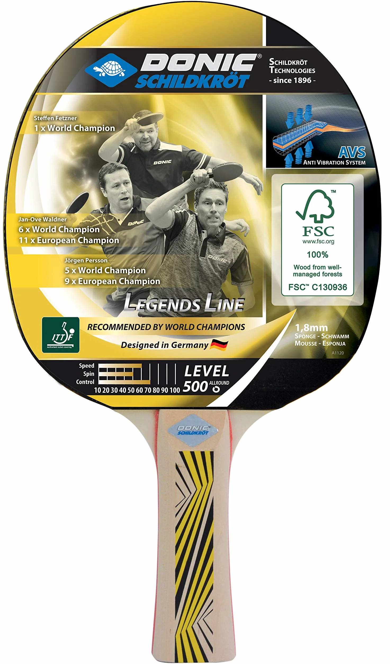 Donic-Schildkröt Legends 500 FSC, kij do tenisa stołowego, uchwyt AVS, gąbka 1,8 mm, drewno FSC, Elite - guma ITTF, 714407