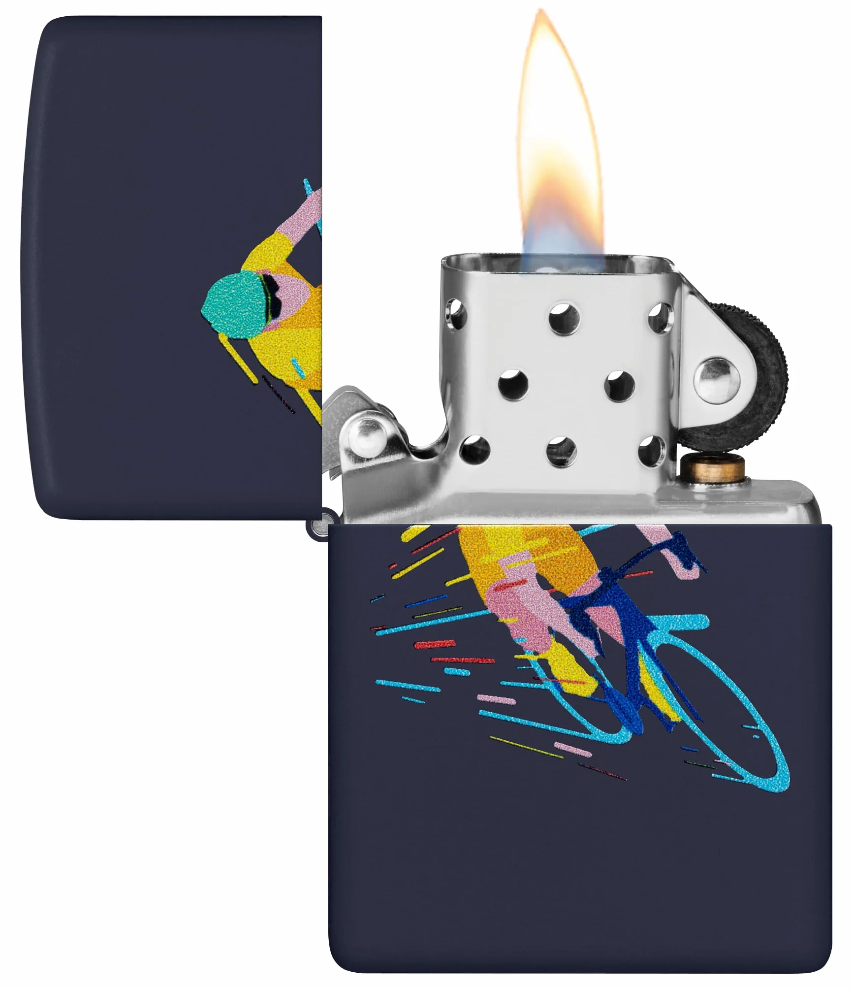Zippo Cyclist Zapalniczka Sztormowa, Kolorowy Nadruk (Obustronny), do Napełniania, Wielokrotnego Użytku, Wiatroodporna Konstrukcja, Pudełko na Prezent, Wykonano w USA, Kolor Granatowy (Navy Matte)