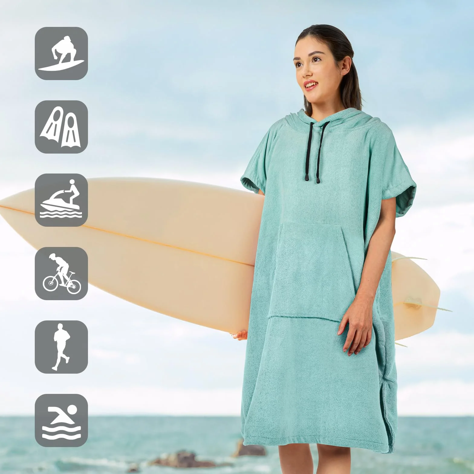 Ponczo surfingowe, bardzo duże, grube, ponczo na ręczniki dla kobiet i mężczyzn, z kieszenią z kapturem, na plażę, do pływania, 104,1 x 83,8 cm, niebiesko-zielone