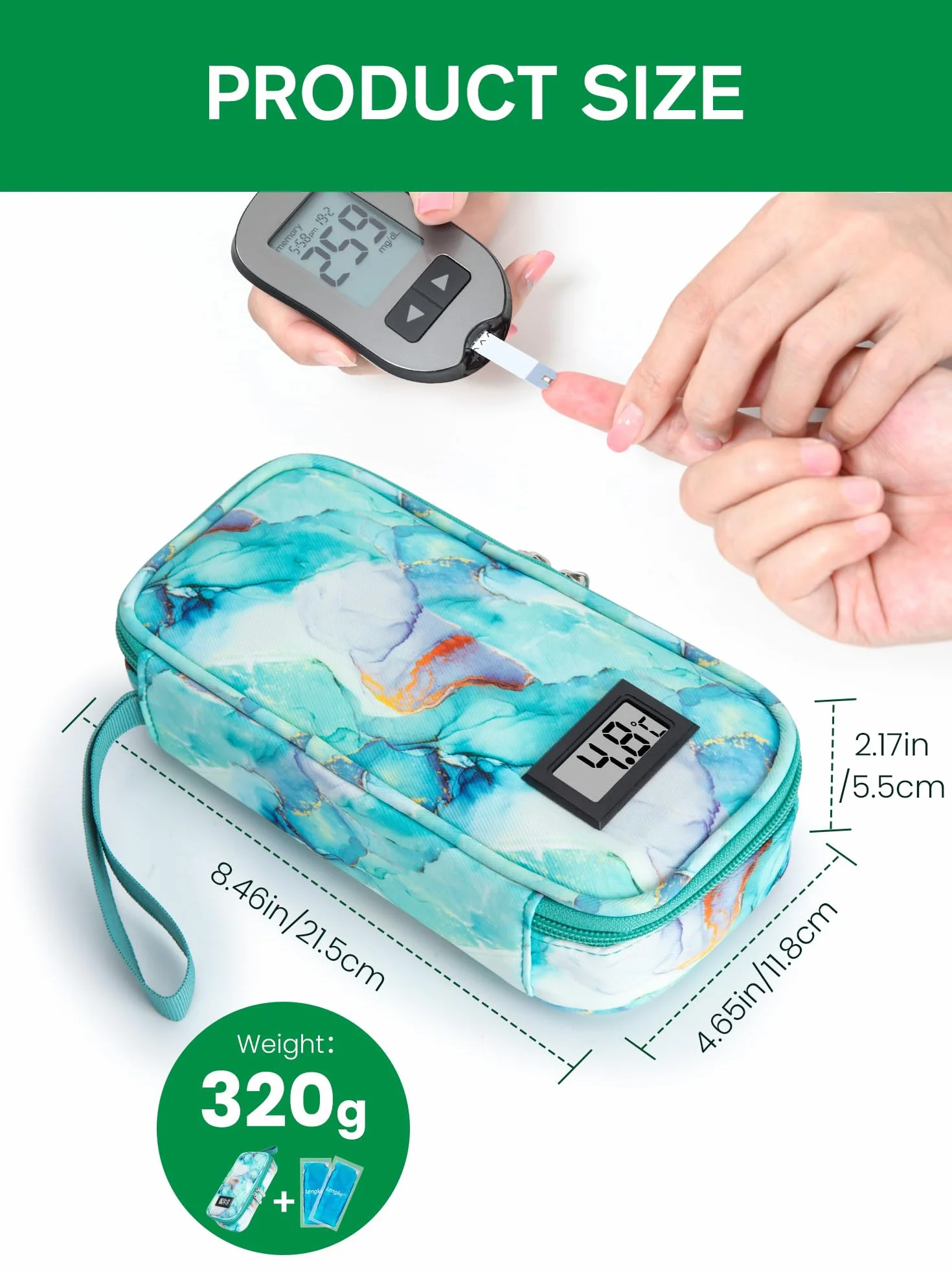 SUNMON Etui podróżne na insulinę z wyświetlaczem temperatury, wodoodporne, chłodzące, izolowane, 2 opakowania na lód, marmurowe
