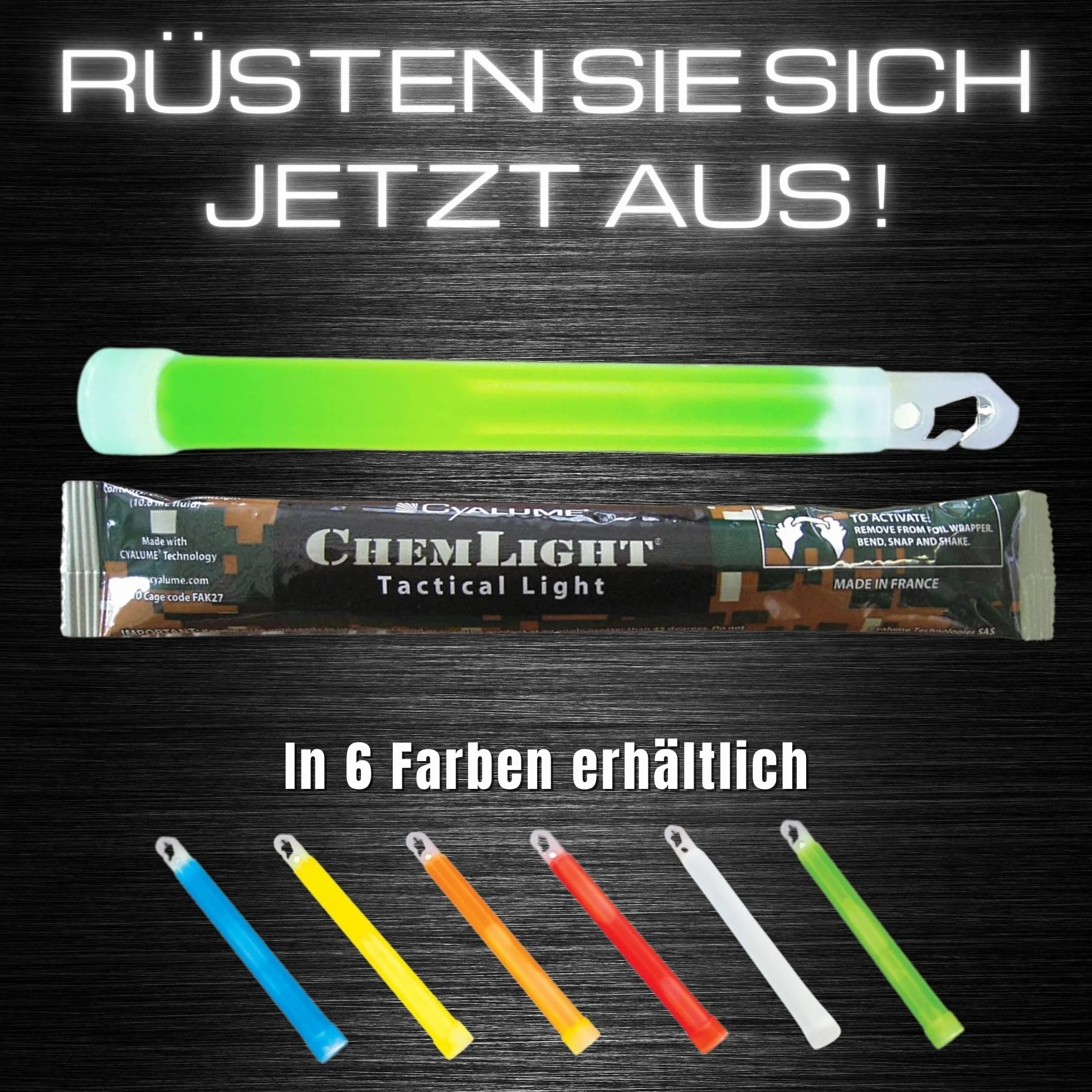 Cyalume Technologies SA9-1027017AM świecąca pałeczka 15 cm, oryginalne wojskowe wkłady świetlne ChemLight w kolorze zielonym (10 sztuk), długi czas palenia 12 godzin, 100% zgodność ze specyfikacją