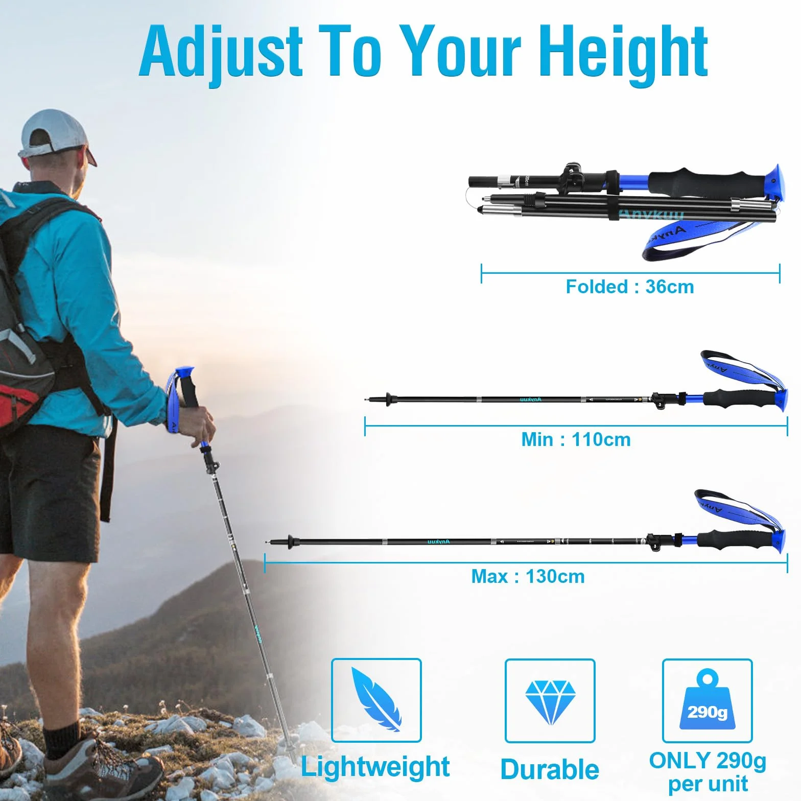 Anykuu Kijki Trekkingowe Składane 110-130 cm 7075 Aluminium z Torbą Transportową