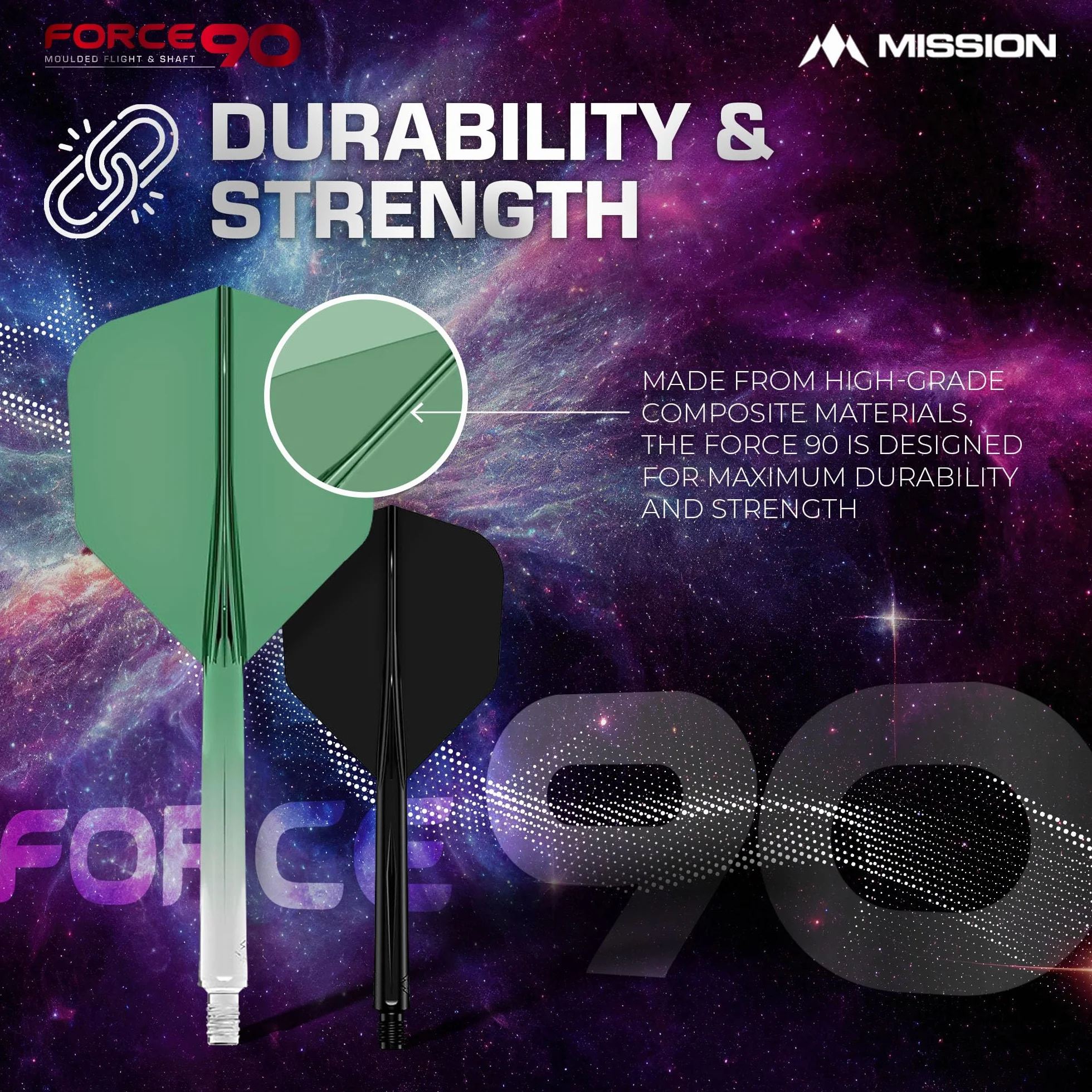 Mission Darts Force 90 | Zintegrowany precyzyjnie formowany system lotu i wałka do rzutek, 3 sztuki, profesjonalne, wysoce trwałe, kombinowane loty i łodygi 2 w 1, standard nr 6