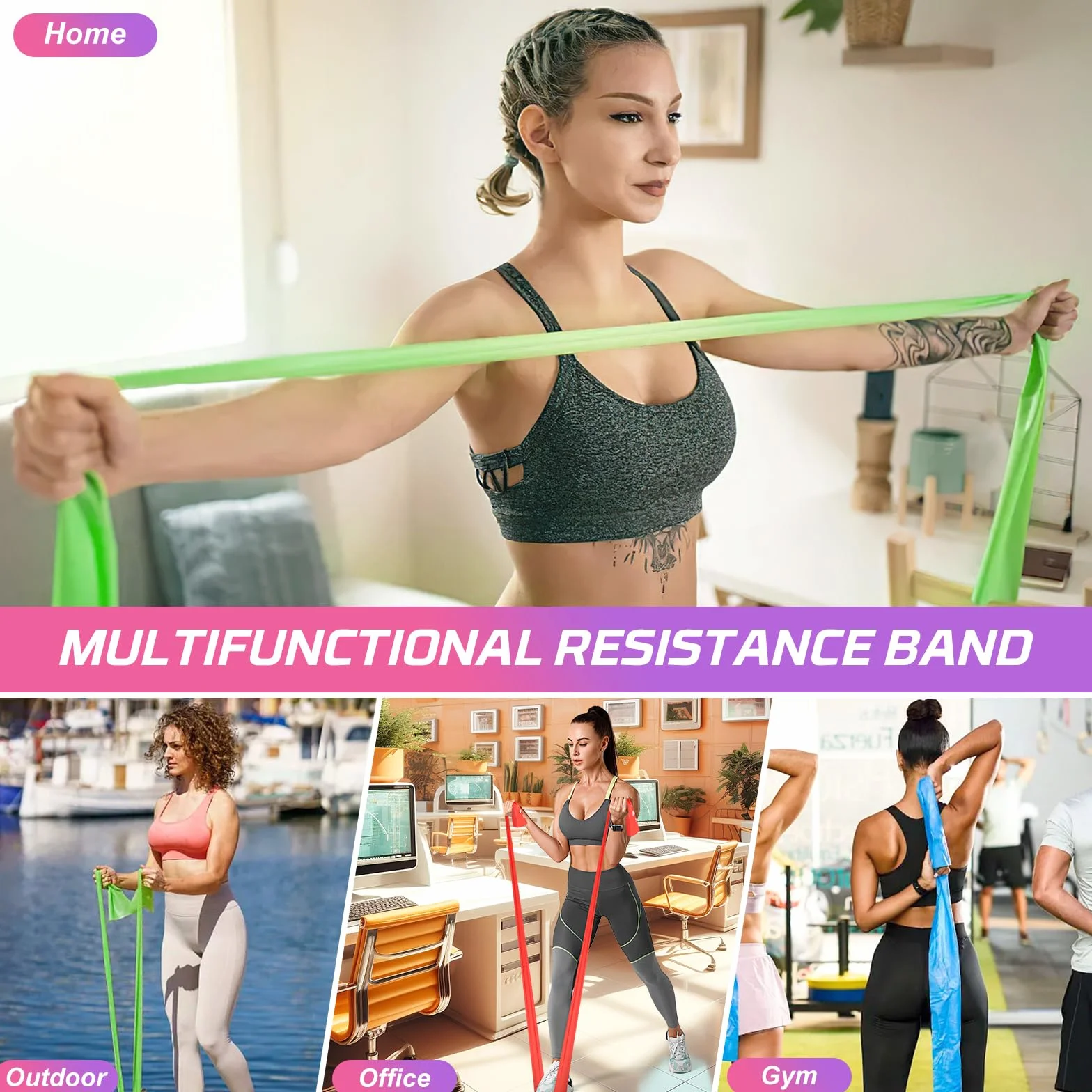 Zestaw 4 taśm fitness 2m długie taśmy oporowe do pilatesu jogi rehabilitacji