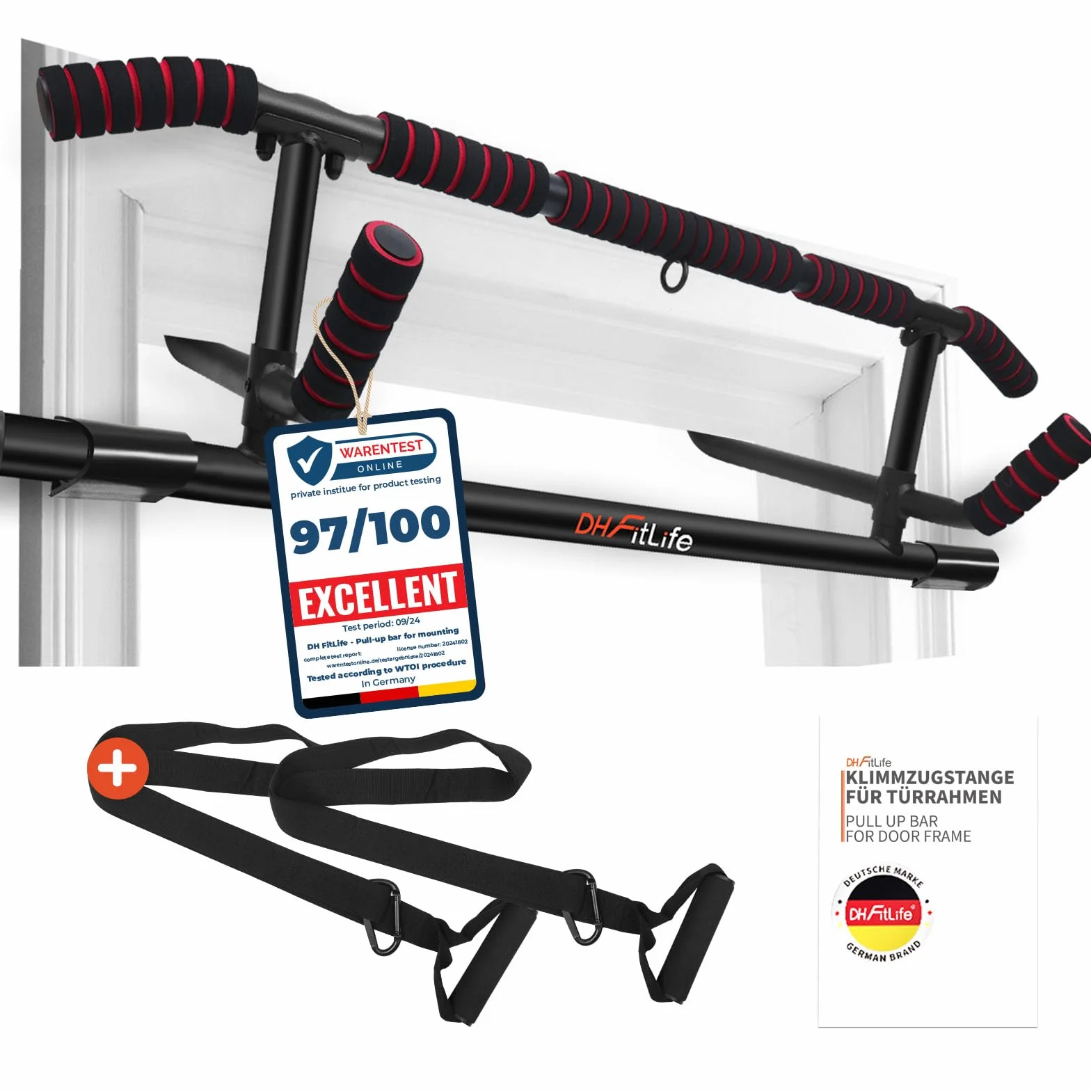 DH FitLife Drążek do podciągania na futrynie drzwi bez śrub | Pull up bar Doorway | Drążek gimnastyczny do zawieszenia | drążek na drzwi z trenażerem pętelkowym | Do futryny drzwi 70-92 cm