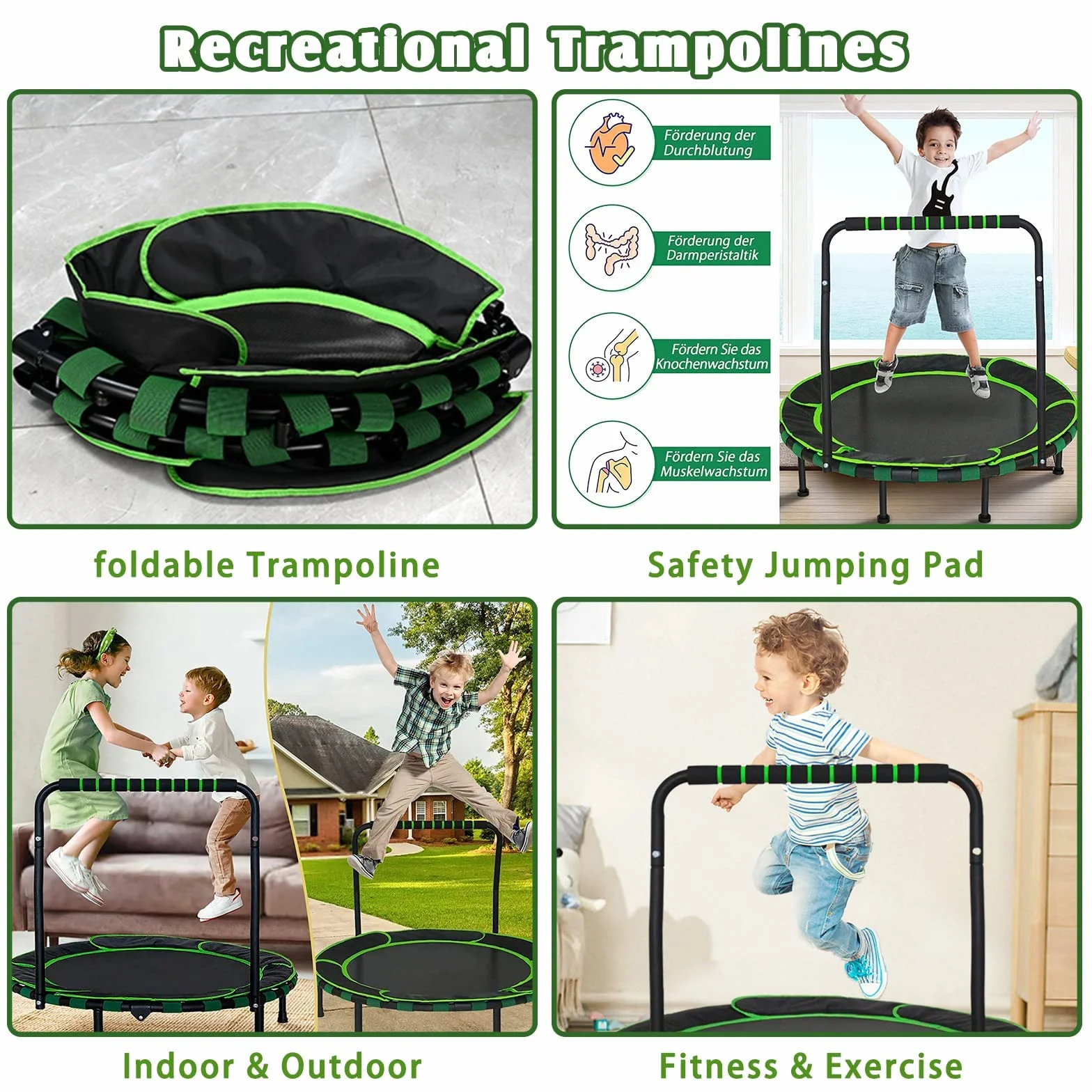 Trampolina dla dzieci, sk?adana mini trampolina dla dzieci w wieku od 3 do 6 lat, ze zdejmowanym uchwytem i bezpieczn? wy?ció?k?, ud?wig do 60 kg, trampolina ogrodowa, trampolina do u?ytku wewn?trz i
