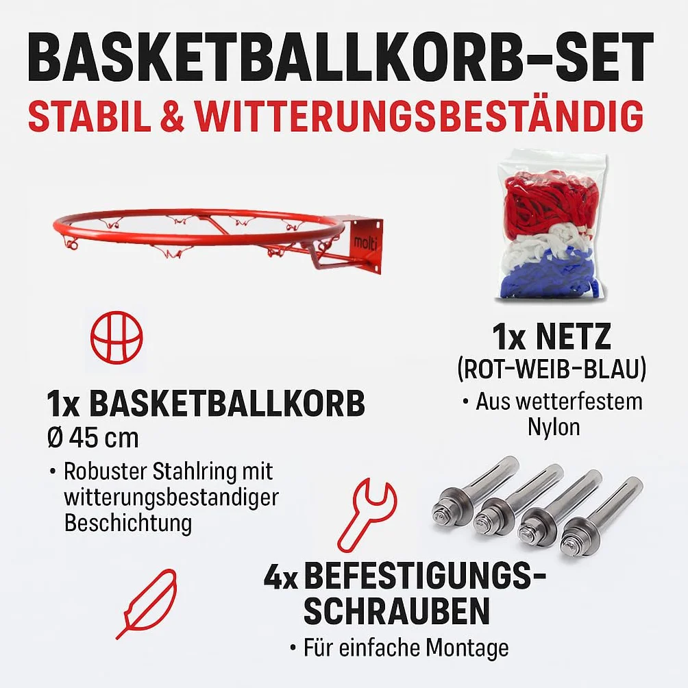 molti HangRing zestaw kółek do koszykówki, Ø 45 cm, Ø 37 cm, z piłką, koszem do koszykówki, siatką do koszykówki i śrubami mocującymi, gra w koszykówkę, sport zespołowy do użytku wewnątrz i
