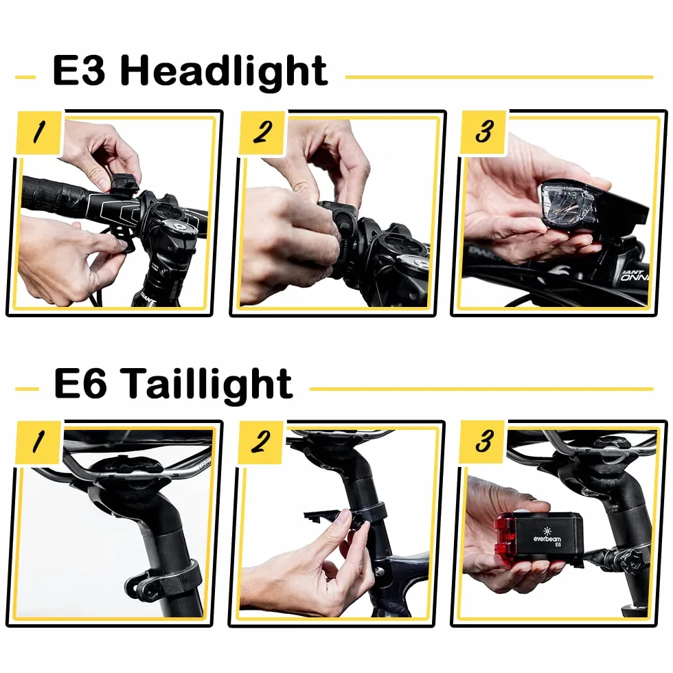 Everbeam E9 LED Front i Tylny Sветлоść - StVZO Rechargeable Headlight i Tail Light dla Noat Jazdy - Bezpieczeństwo dla Samochodów