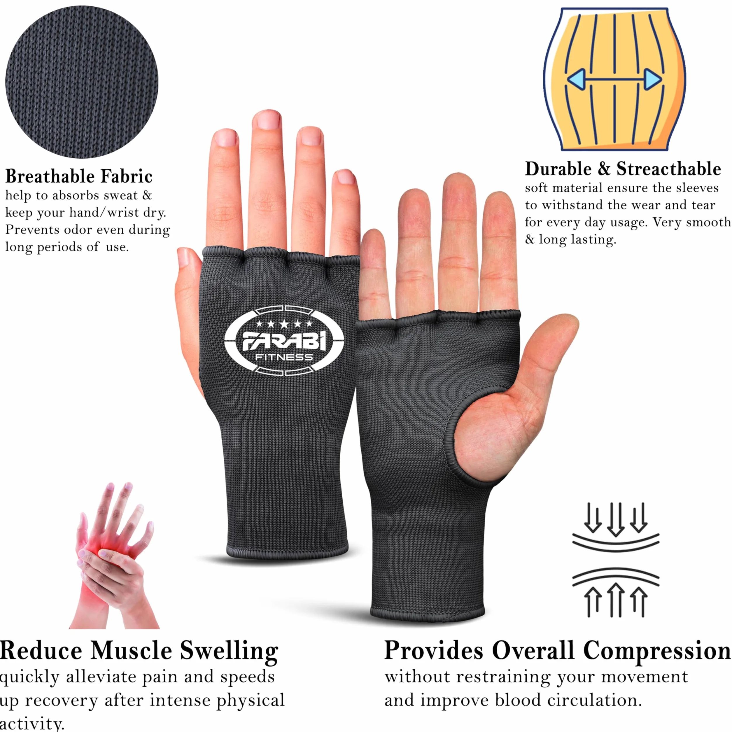 Farabi Sports Boxing Hand Wraps Rękawice wewnętrzne elastyczne na pół palca bez żelowej wyściółki do owijek bokserskich (Black, S/M)