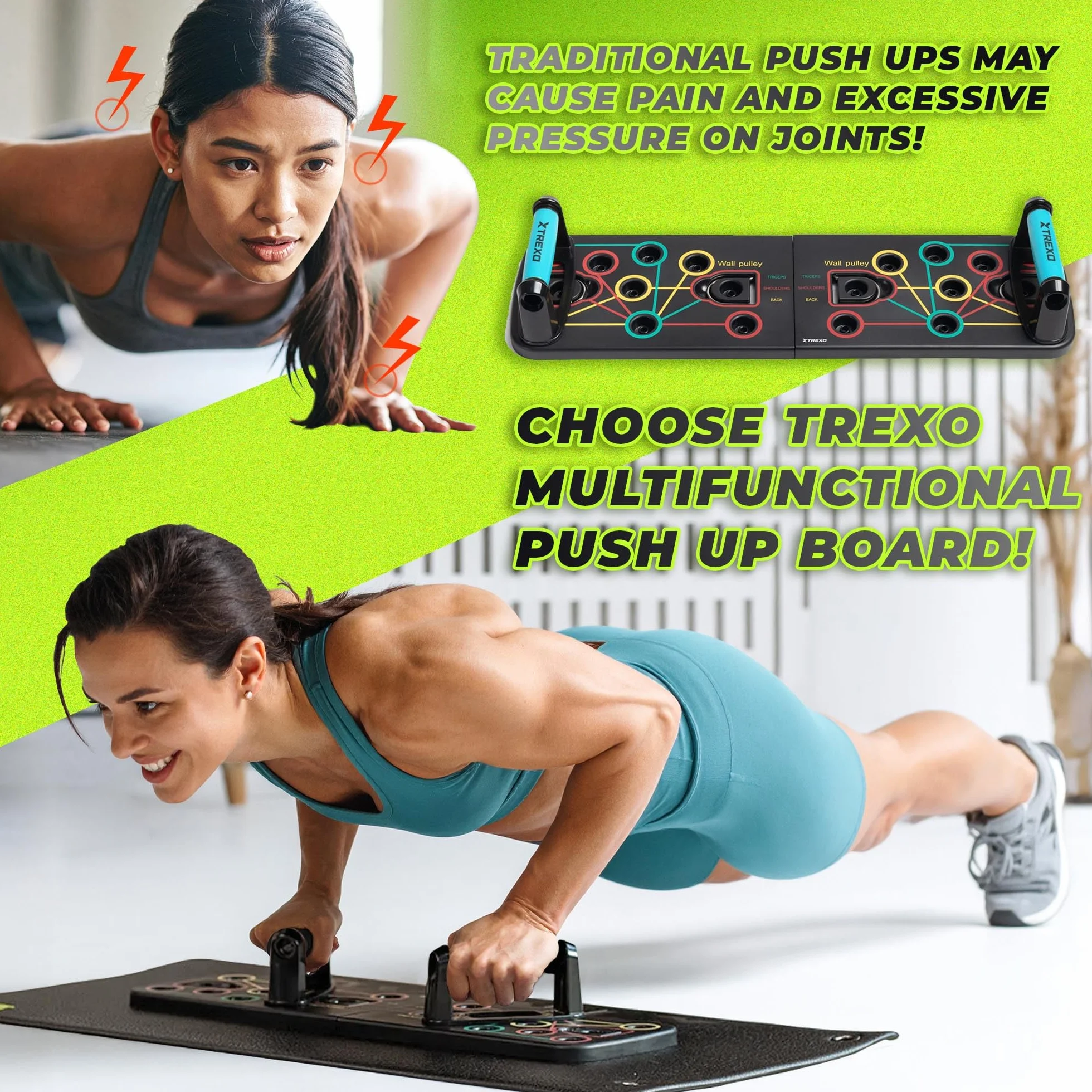 XTREXO Wielofunkcyjna deska do pompek w kolorze czarnym, z kodami kolorystycznymi, urządzenie do fitnessu z tworzywa ABS i TP Comapect, 66 x 20 x 2 cm, uniwersalny trening siłowy, antypoślizgowe