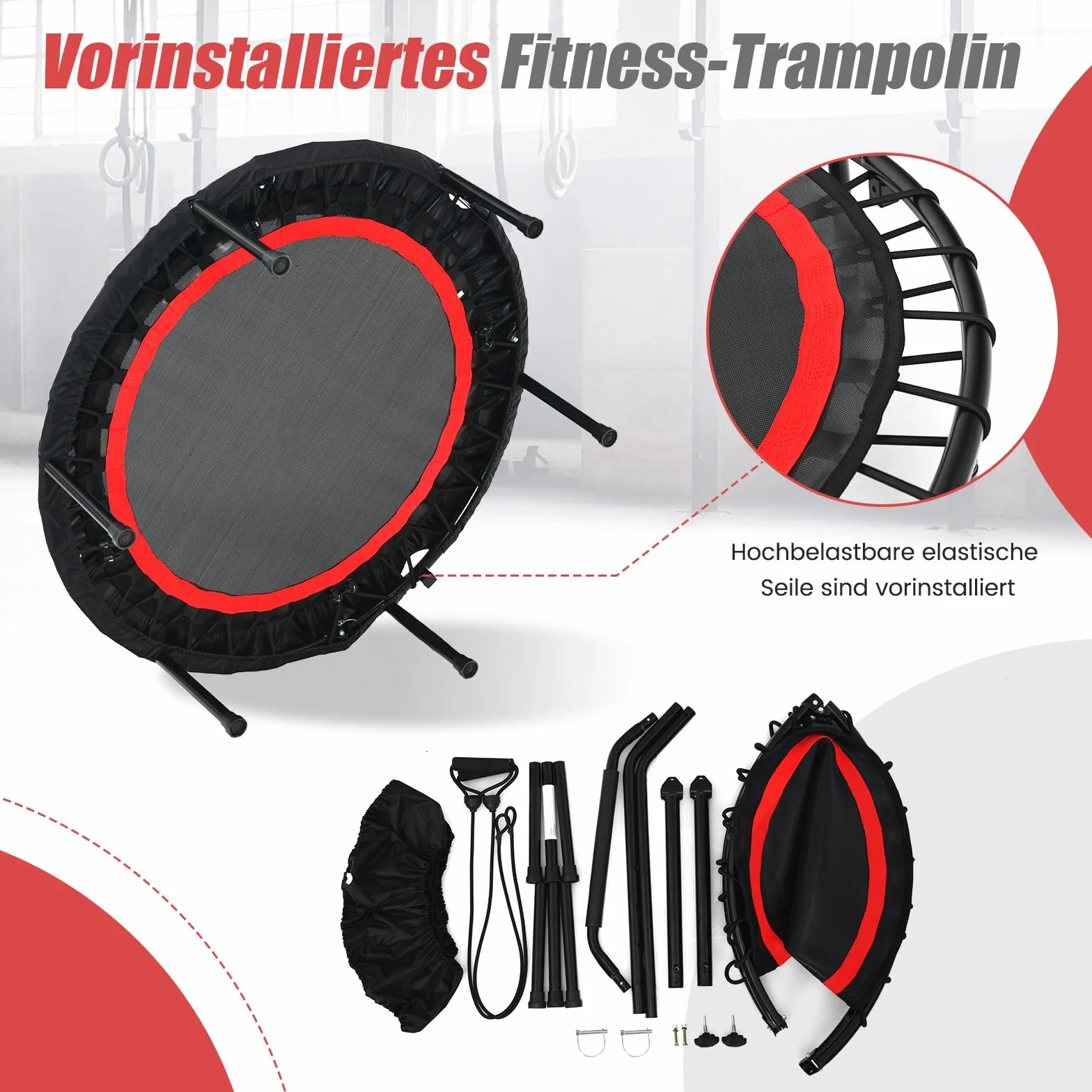 COSTWAY Trampolina Fitness φ101 cm z Uchwytem Regulowanym, Składana, 150 kg