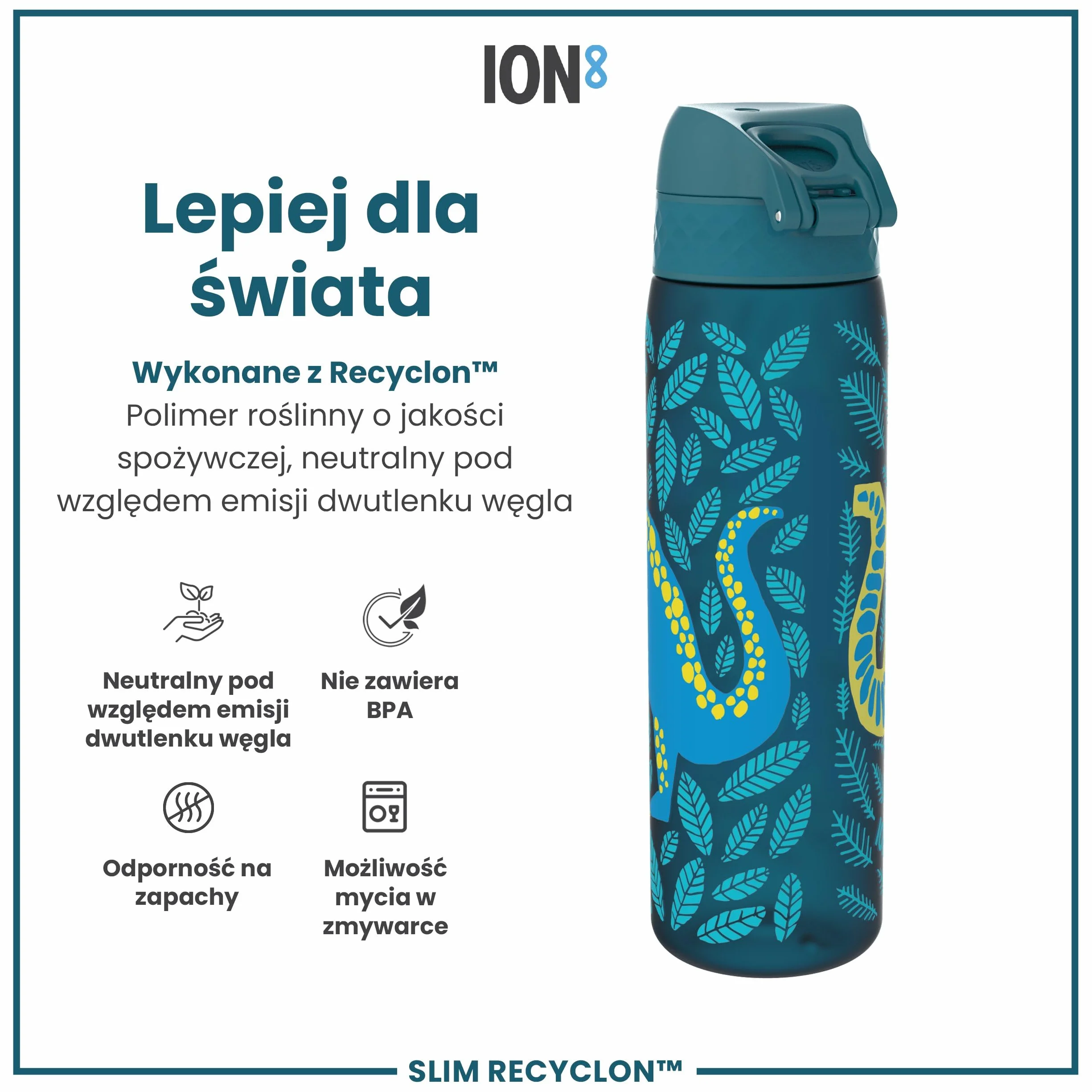 ION8 Butelka na Wodę, 500 ml/18 oz, Szczelna, Łatwe Otwieranie, Bezpieczny Zamek, Można Myć w Zmywarce, Bez BPA, Higieniczne Pokrycie, Uchwyt do Przenoszenia, Łatwa Czyszczenie, Bezwonny, Dinozaury