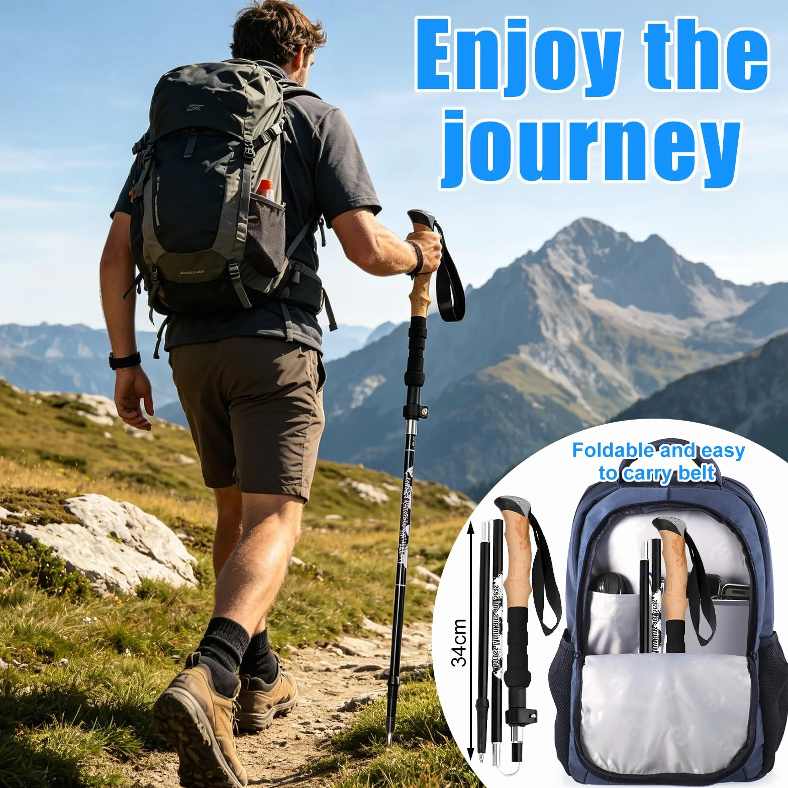 2 PCS Kijki Trekkingowe Teleskopowe 105-135cm Mężczyźni Kobiety, Ultralekkie Aluminium 7075, Kijki do Nordic Walking z Korkowym Uchwytem, Składane z Pokrowcem i Akcesoriami na Narty i Góry