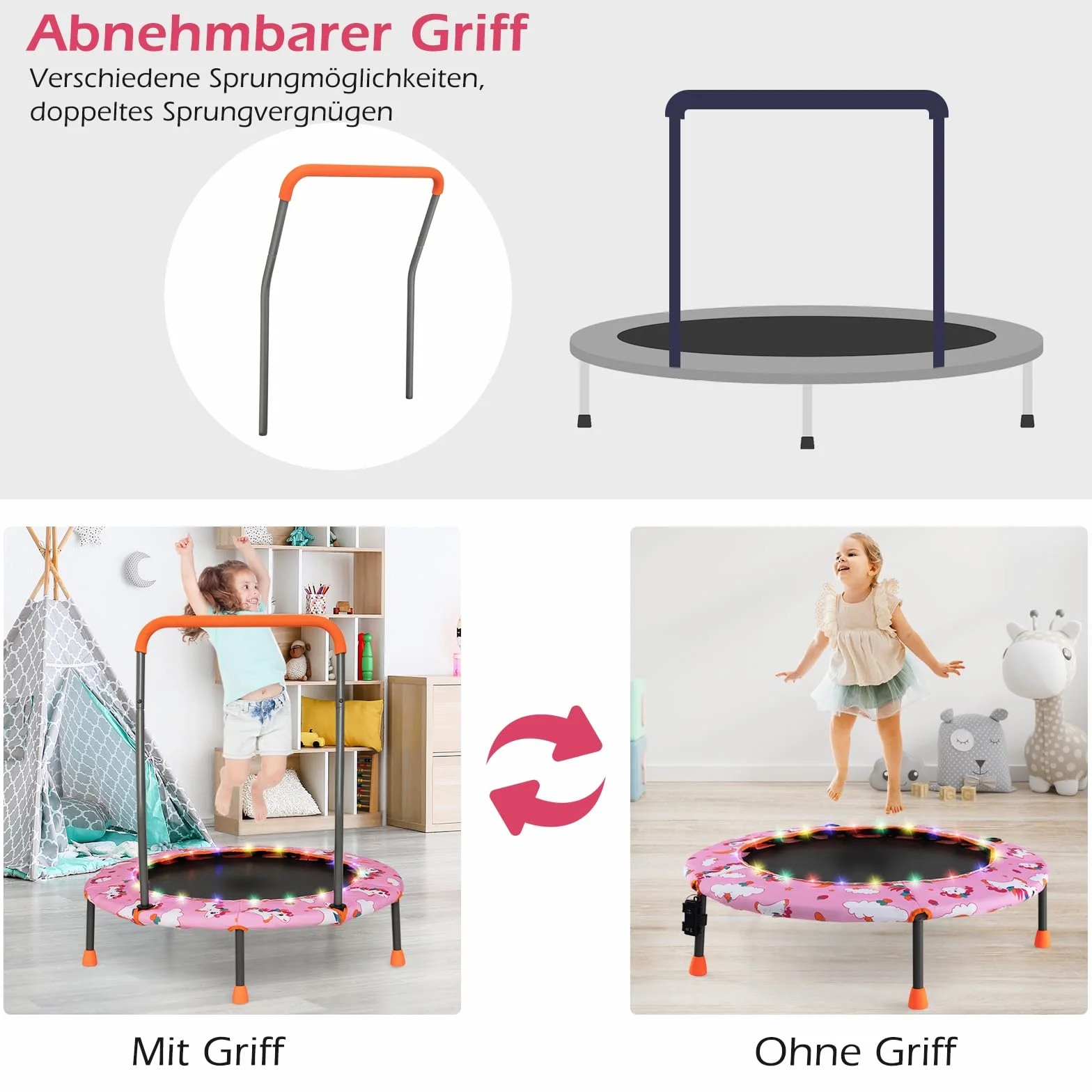 COSTWAY Trampolina dla dzieci o średnicy 92 cm, mini trampolina z oświetleniem LED i zdejmowanym uchwytem, trampolina fitness, trampolina ogrodowa, do użytku wewnątrz i na zewnątrz, dla dzieci w wieku