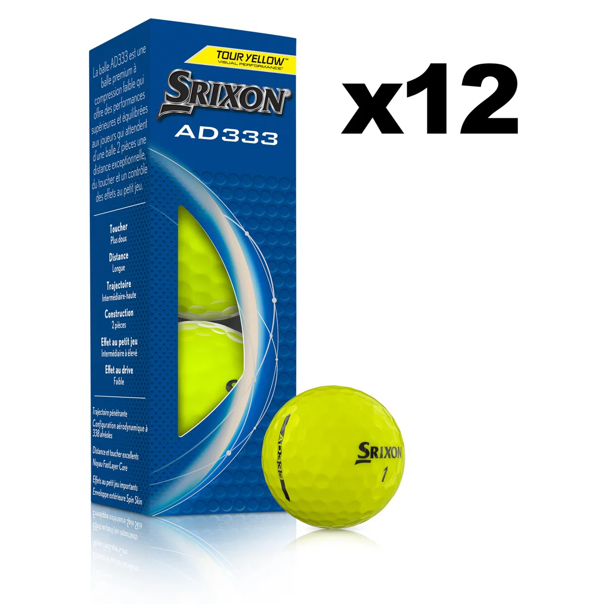Srixon AD333 11 - Piłki golfowe o wysokiej wydajności i prędkości - niska kompresja - dla spójności i kontroli - linia wyrównująca - akcesoria golfowe premium i prezenty golfowe, żółte