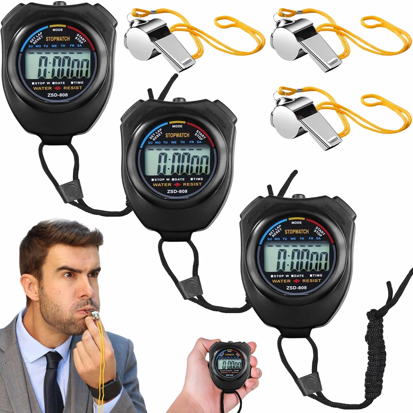 Cyfrowy sportowy stoper, 3 sztuki cyfrowych wodoodpornych stoperów, sportowy stoper, duży wyświetlacz, budzik chronograf, do treningu, fitnessu, biegania (czarny)