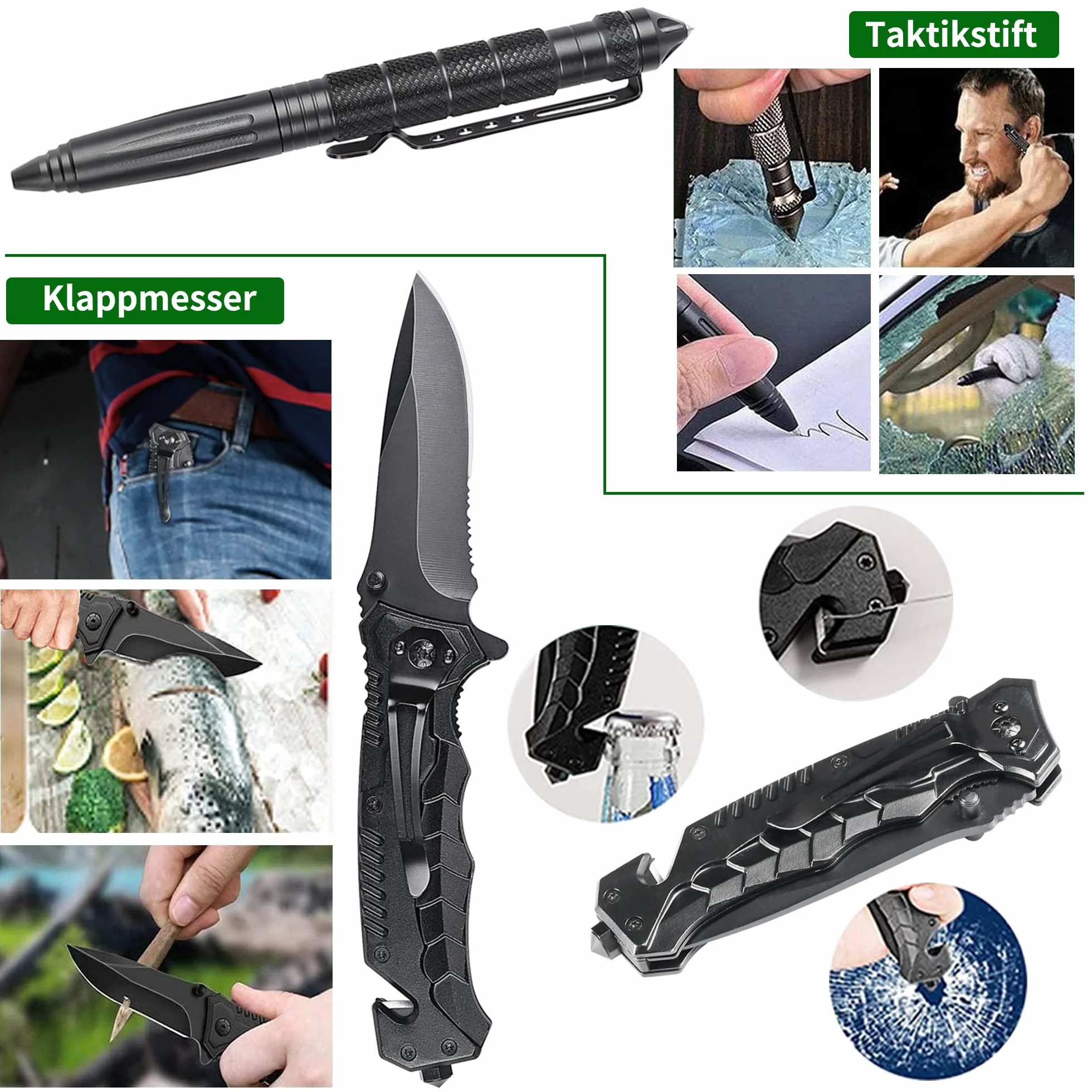 FINIBO Zestaw survivalowy 21 w 1, wyposażenie outdoorowe, zestaw awaryjny z kompasem, latarka taktyczna i inne akcesoria, na kemping, do bushcraftu, wędrówek, polowań, przygód, czarny, 20,6 x 12,8 x