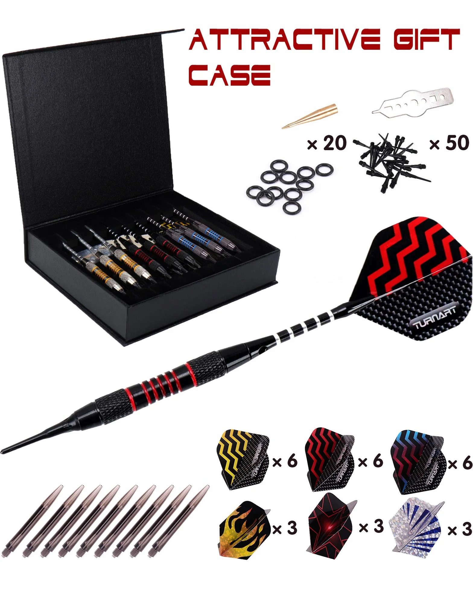 Rzutki do darta z końcówką z tworzywa sztucznego, 9 sztuk, 18 g, z 50 dodatkowymi końcówkami, 20 gumowych pierścieni, 27 lotek, 9 fal PC, zestaw narzędzi do elektronicznej tarczy do darta