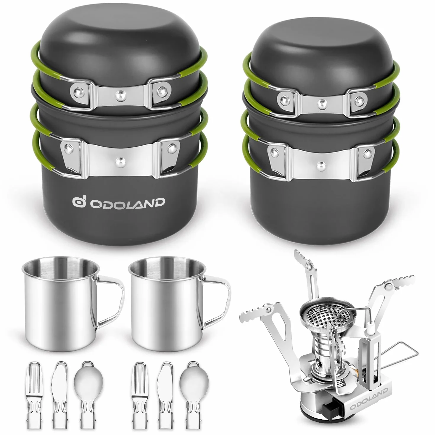 Odoland Multi-PCS zestaw patelni aluminiowych, trwały, kompaktowy, kempingowy, kompletne naczynia z ultralekką kuchenką kempingową do pieszych wędrówek, wędkowania